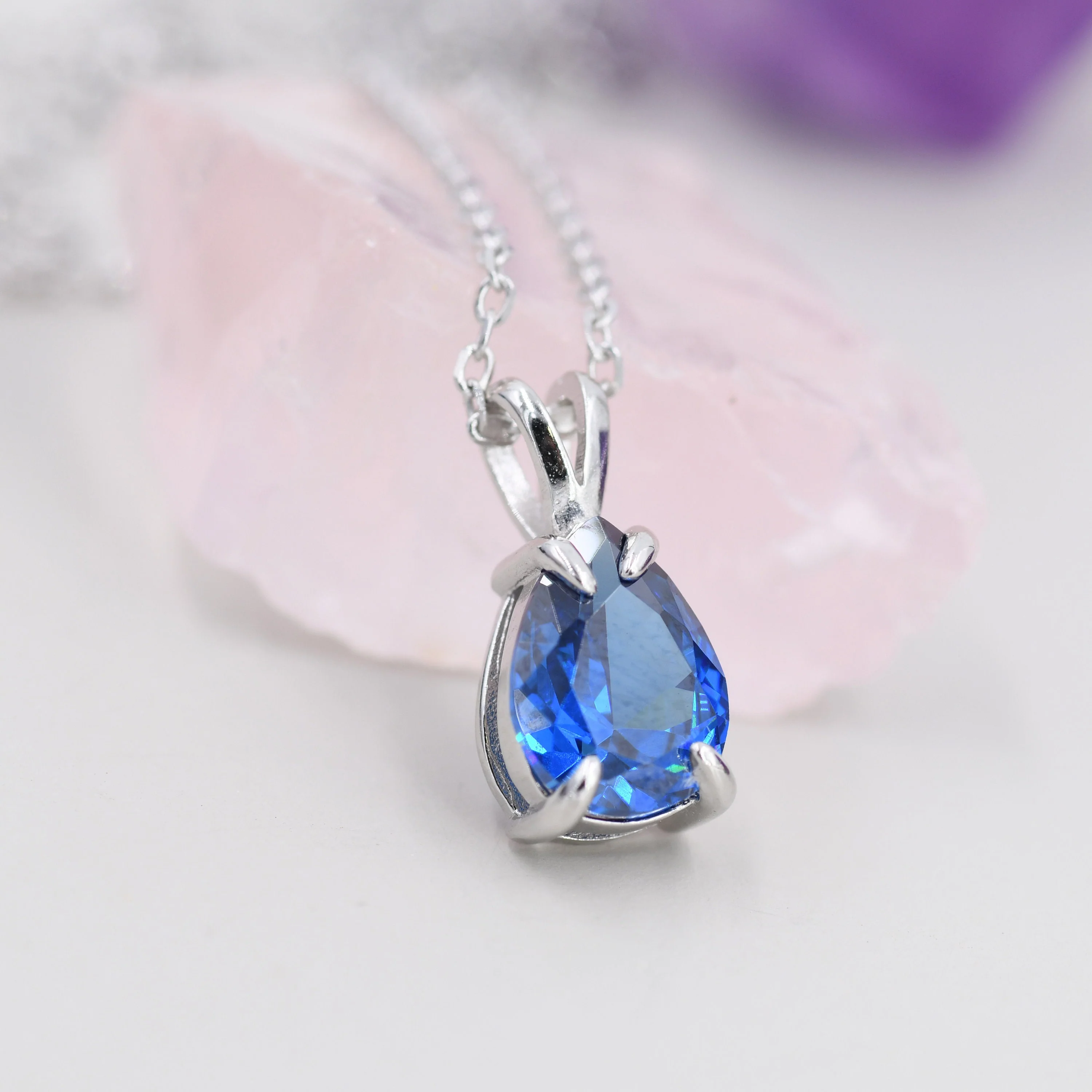 Sapphire Blue Pear Cut CZ Necklace in Sterling Silver, 7 x 9mm, Blue Droplet necklace, Diamond CZ, September Birthstone - Image 6