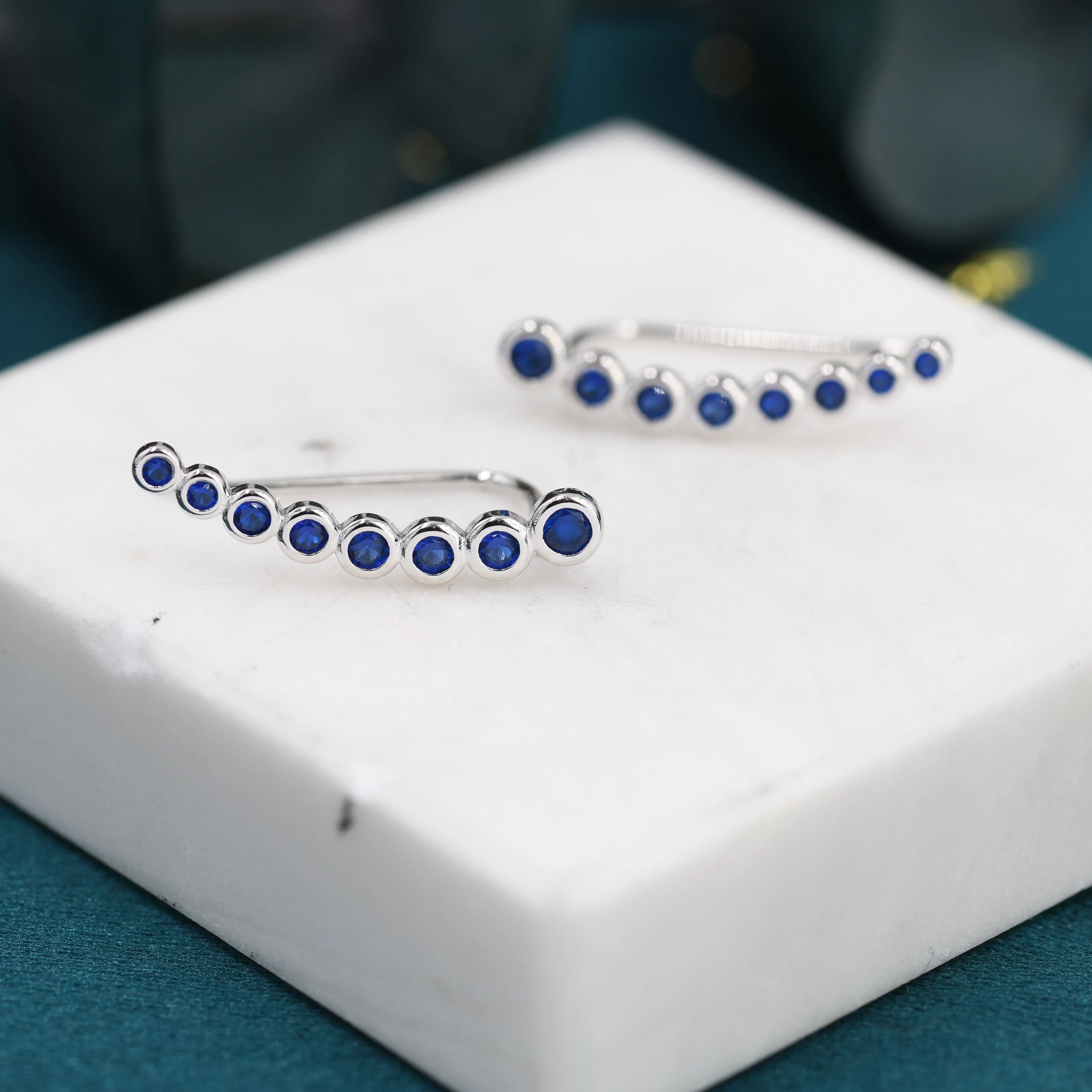 Sapphire Blue Pebble CZ Crawler Earrings in Sterling Silver, Silver or Gold, Dotted Ear Crawlers, Dots Crawler, Bobble Crawlers - Image 4