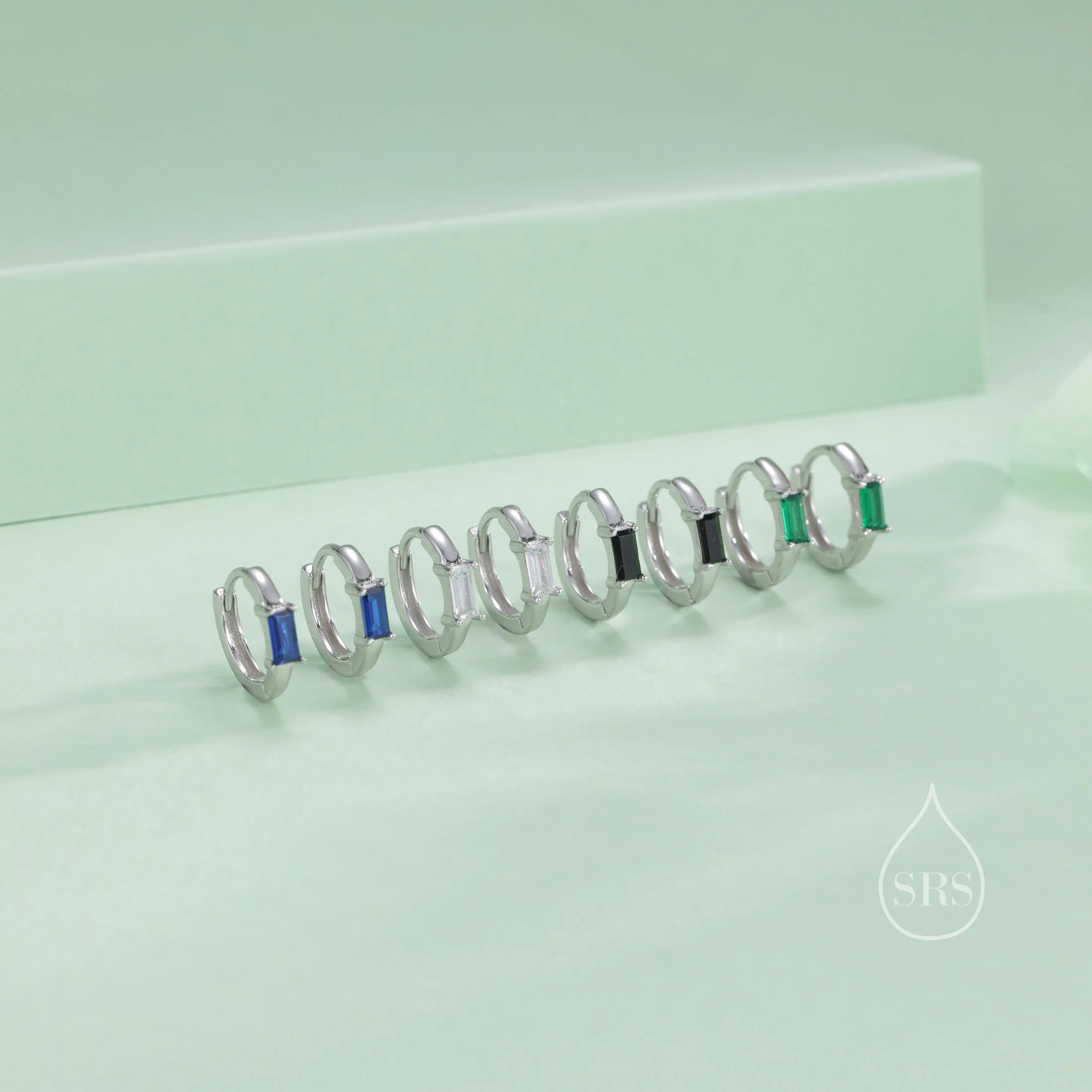 Sapphire Blue Single Baguette Cut CZ Huggie Hoop in Sterling Silver, Silver or Gold, Minimalist Simple Blue Hoop Earrings - Image 10