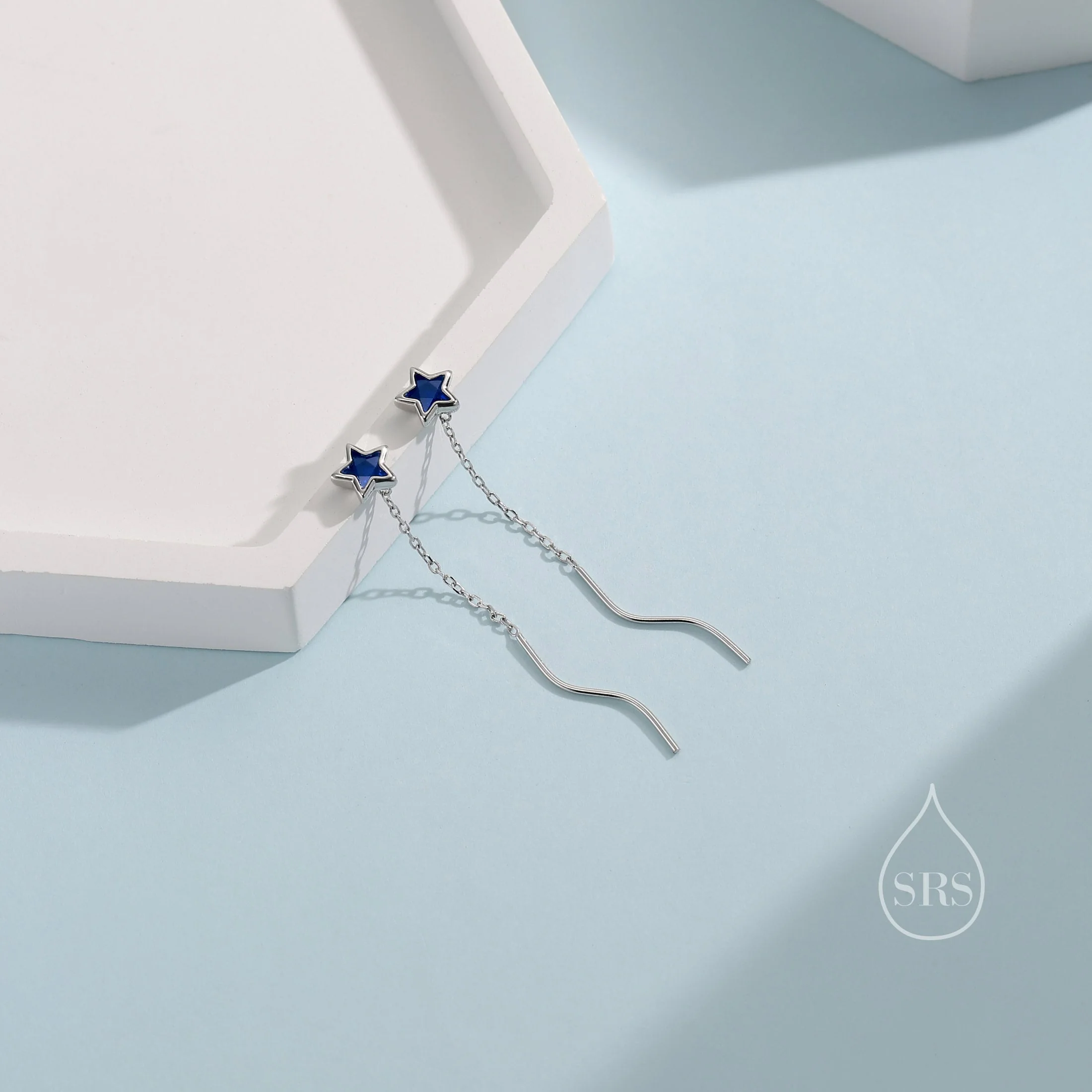 Sapphire Blue Star Bezel CZ Crystal Threader Earrings in Sterling Silver, Silver or Gold, Minimalist Star Cut Ear Threaders - Image 6
