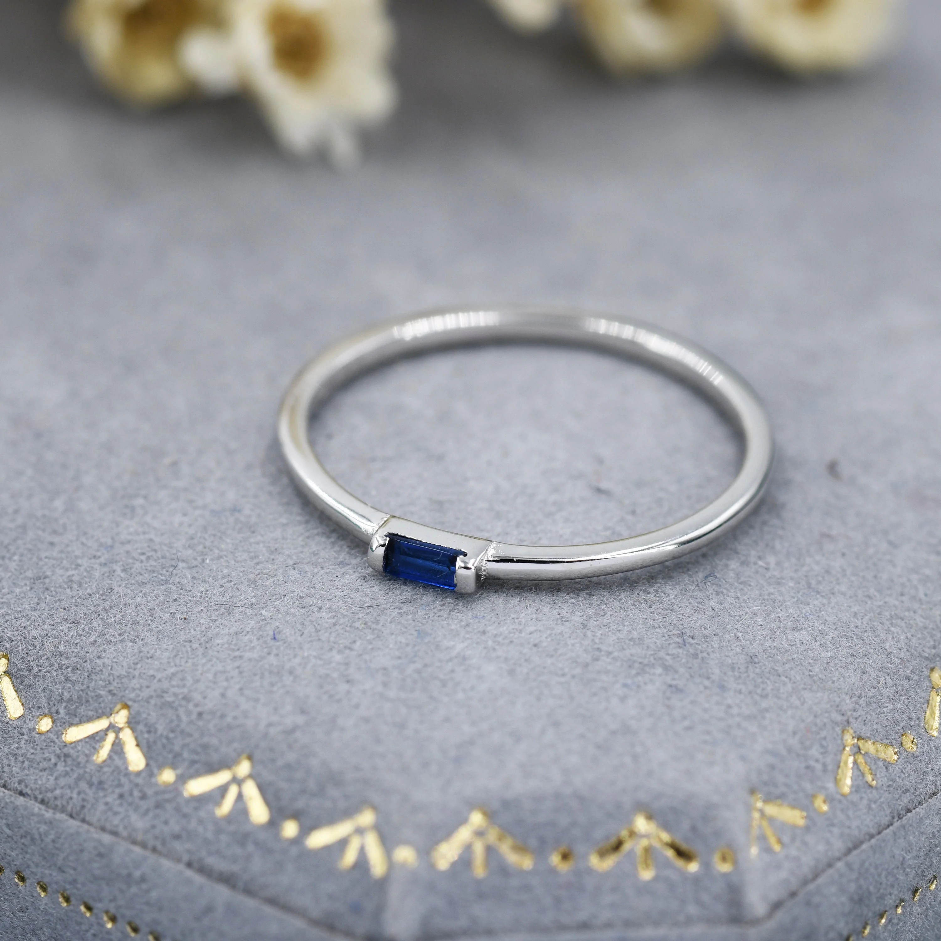 Sapphire Blue Tiny Baguette CZ Ring in Sterling Silver, Silver or Gold, Minimalist 2x4mm Single Baguette CZ Ring US 5 - 8 - Image 4