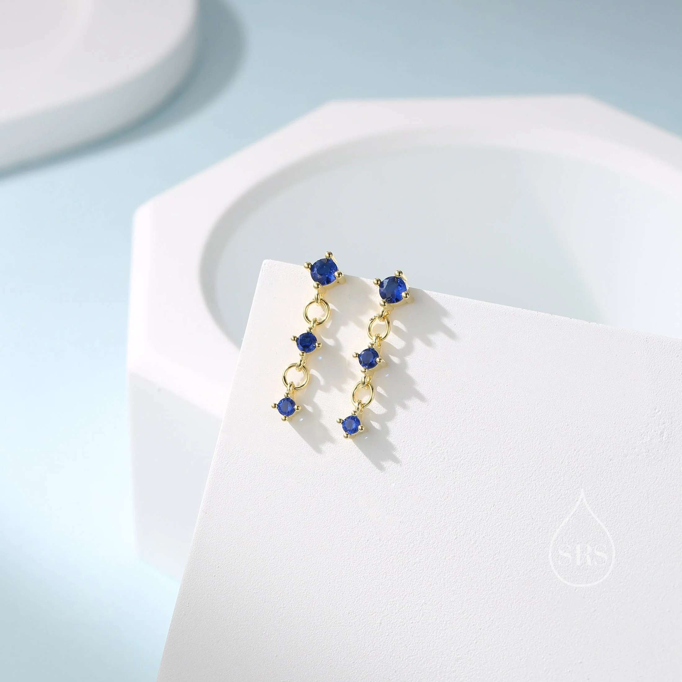 Sapphire Blue Triple CZ Dangle Chain Stud Drop Earrings in Sterling Silver, Silver or Gold, Three CZ Chain Earrings, CZ Drop Earrings - Image 4