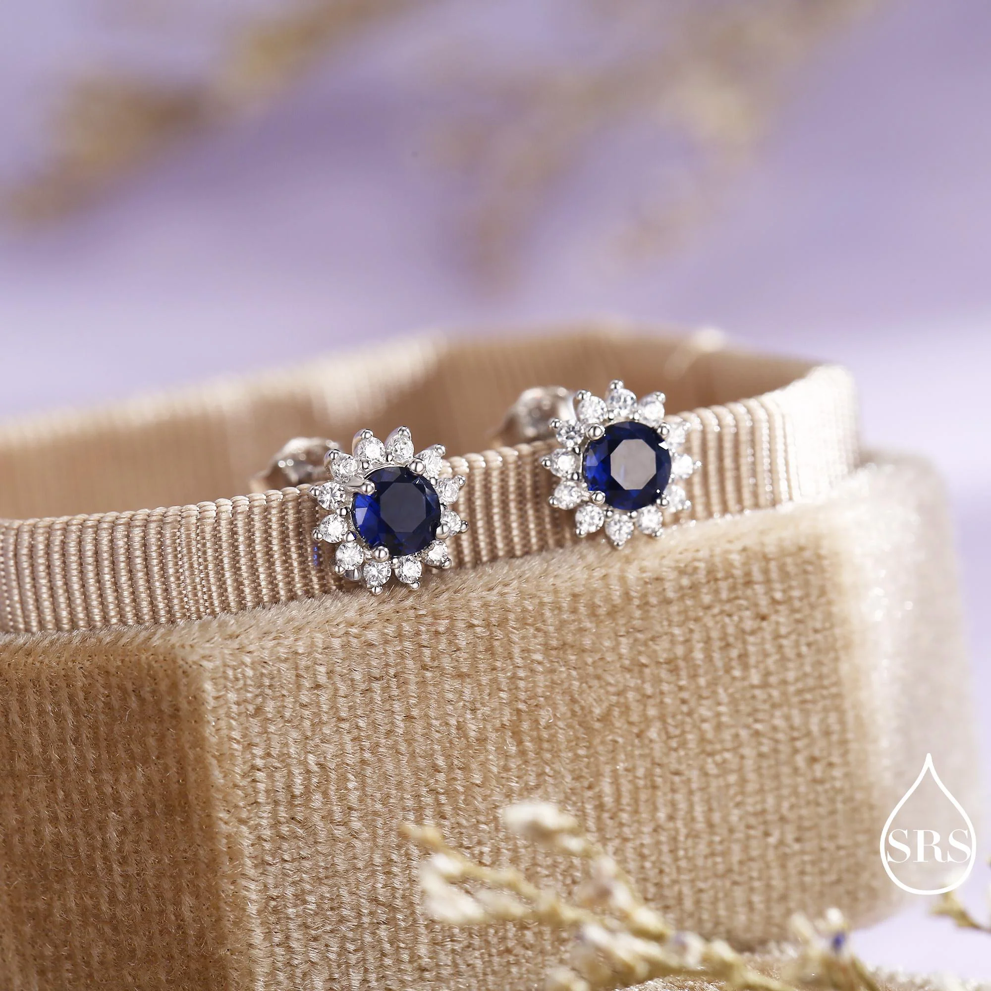 Sapphire Flower Stud Earrings in Sterling Silver, Gold or Silver, Simulated Sapphire Flower Earrings, Blue CZ Flower Earrings - Image 3