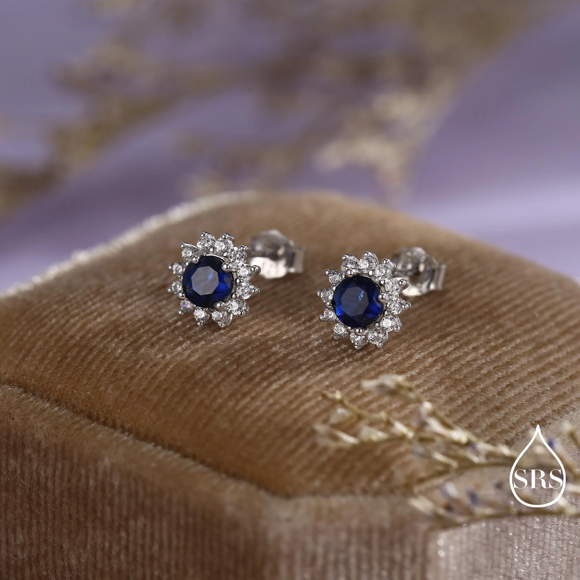 Sapphire Flower Stud Earrings in Sterling Silver, Gold or Silver, Simulated Sapphire Flower Earrings, Blue CZ Flower Earrings - Image 4
