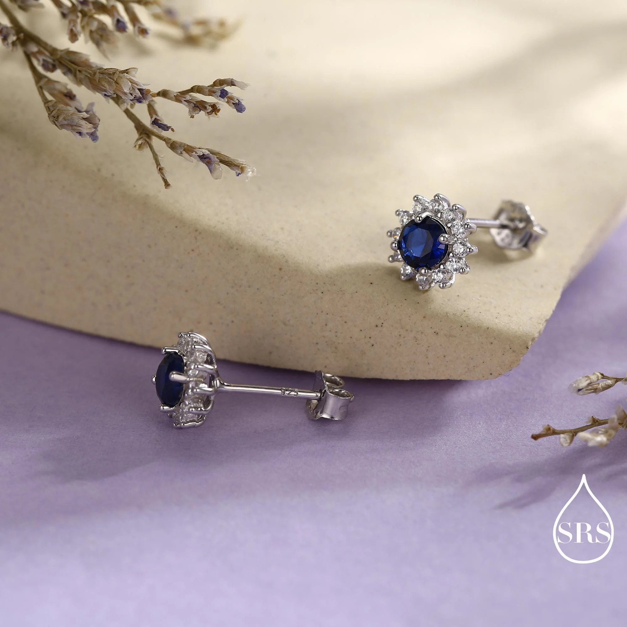 Sapphire Flower Stud Earrings in Sterling Silver, Gold or Silver, Simulated Sapphire Flower Earrings, Blue CZ Flower Earrings - Image 5