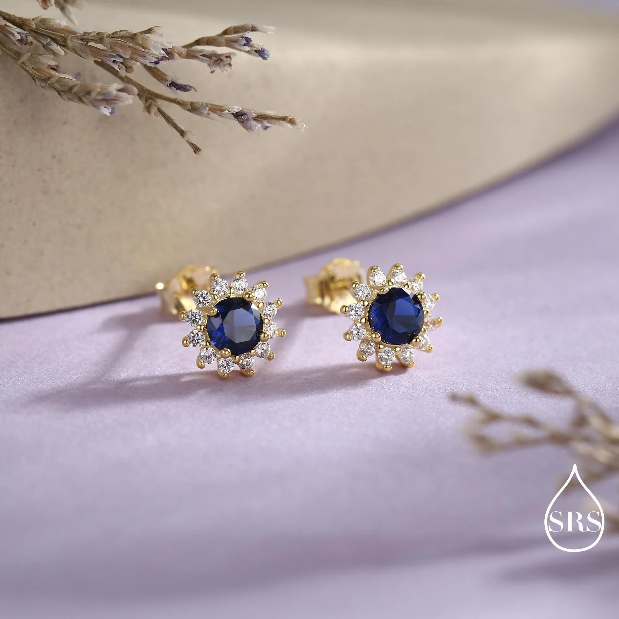 Sapphire Flower Stud Earrings in Sterling Silver, Gold or Silver, Simulated Sapphire Flower Earrings, Blue CZ Flower Earrings - Image 6