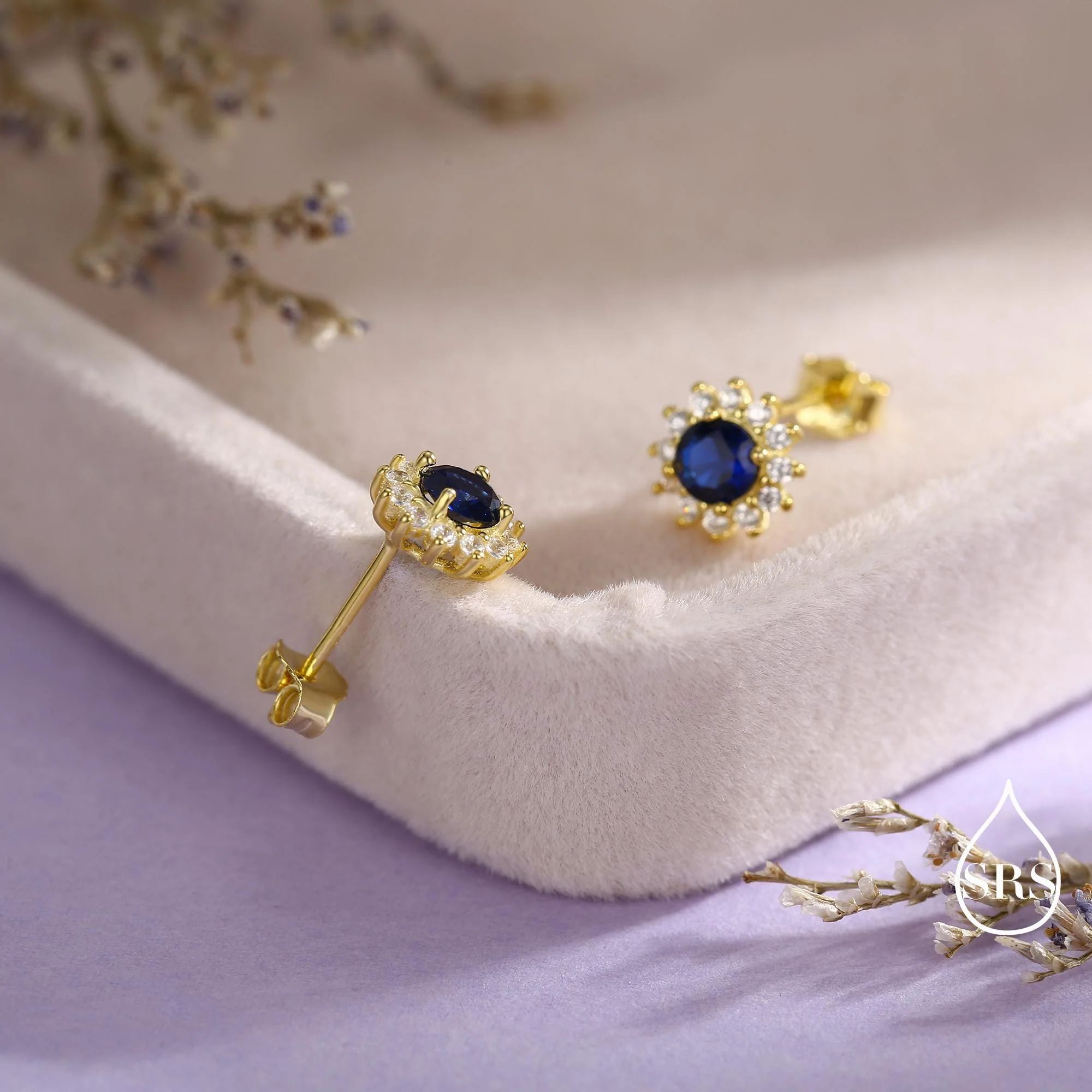 Sapphire Flower Stud Earrings in Sterling Silver, Gold or Silver, Simulated Sapphire Flower Earrings, Blue CZ Flower Earrings - Image 7