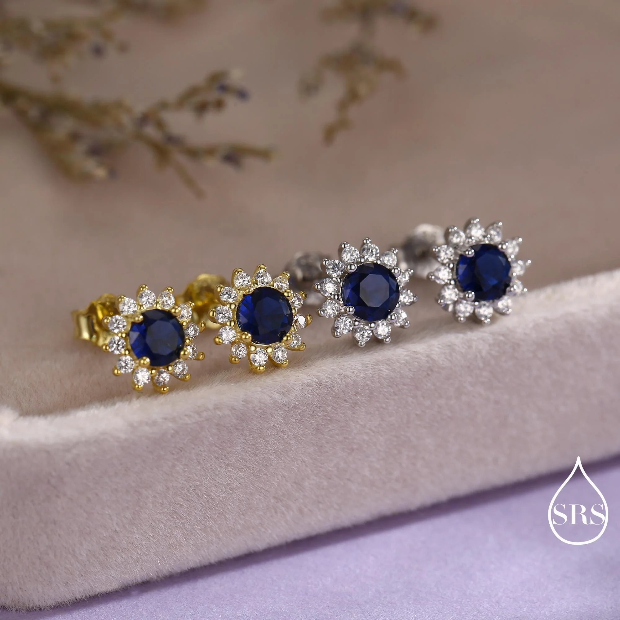 Sapphire Flower Stud Earrings in Sterling Silver, Gold or Silver, Simulated Sapphire Flower Earrings, Blue CZ Flower Earrings - Image 8