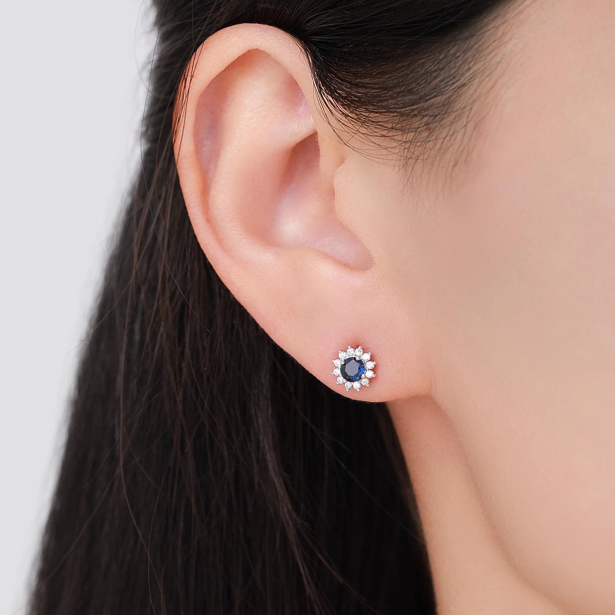 Sapphire Flower Stud Earrings in Sterling Silver, Gold or Silver, Simulated Sapphire Flower Earrings, Blue CZ Flower Earrings - Image 9