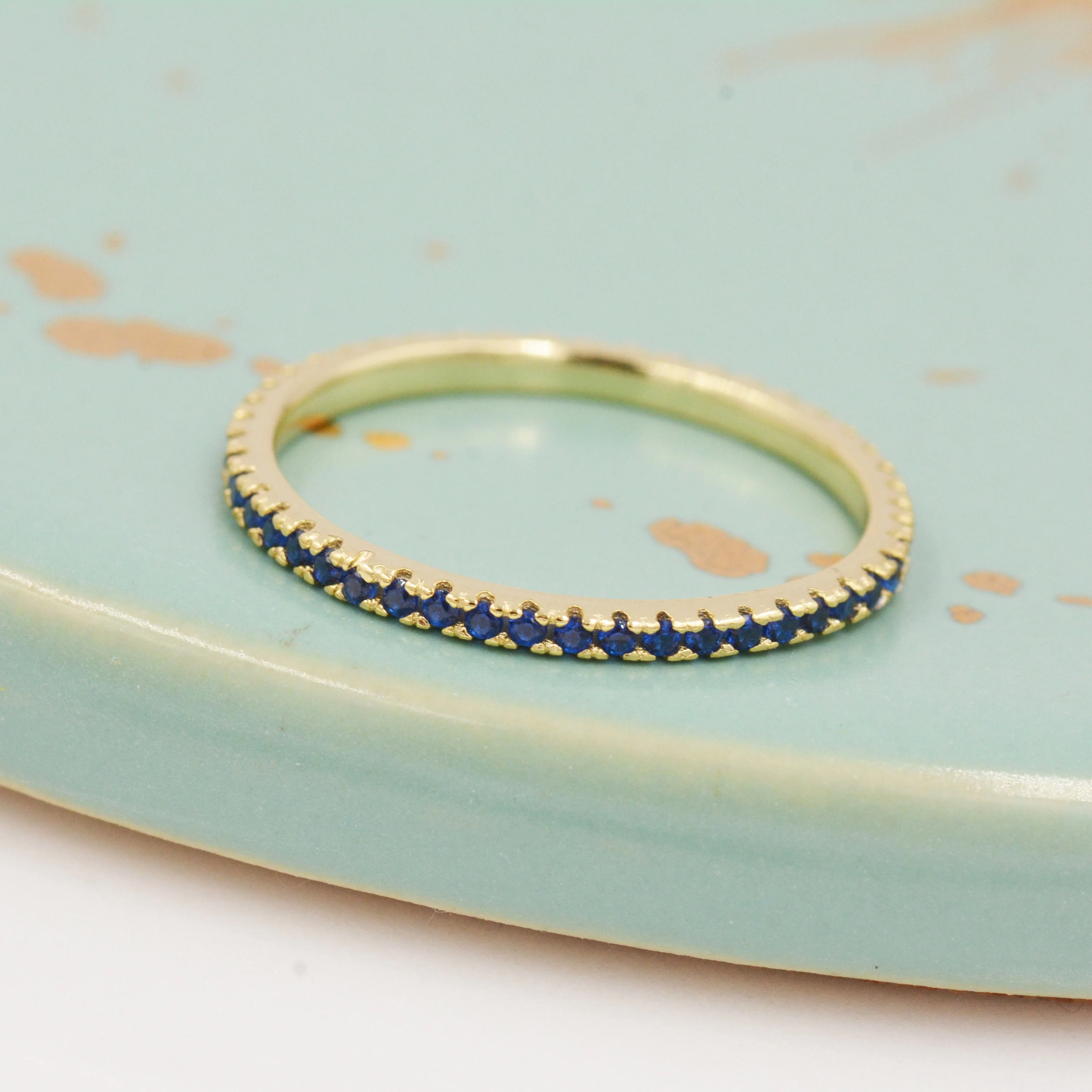 Sapphire Blue CZ Skinny Crystal Band Ring in Sterling Silver, Gold Vermeil Crystal Pave Ring, Stacking Rings, US 5 - 8 - Image 5