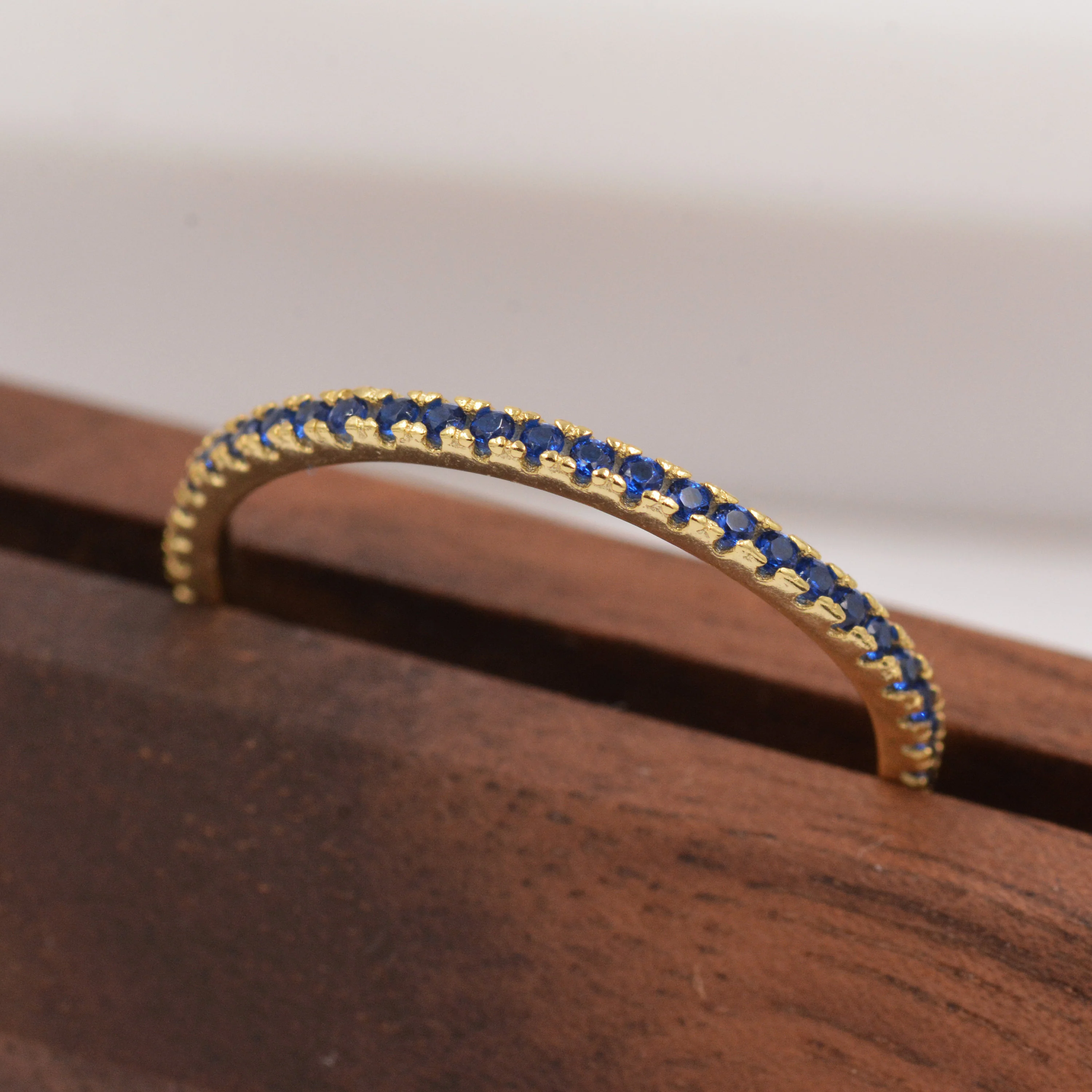 Sapphire Blue CZ Skinny Crystal Band Ring in Sterling Silver, Gold Vermeil Crystal Pave Ring, Stacking Rings, US 5 - 8 - Image 6