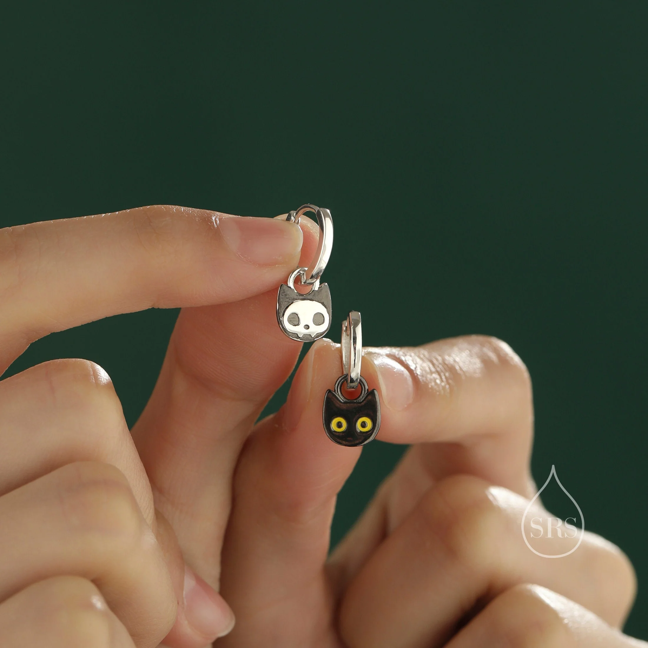 Schrodinger's Cat Asymmetric Huggie Hoop Earrings, Mismatched Black Cat Detachable Hoop Earrings in Sterling Silver, Black Rhodium Coated - Image 5