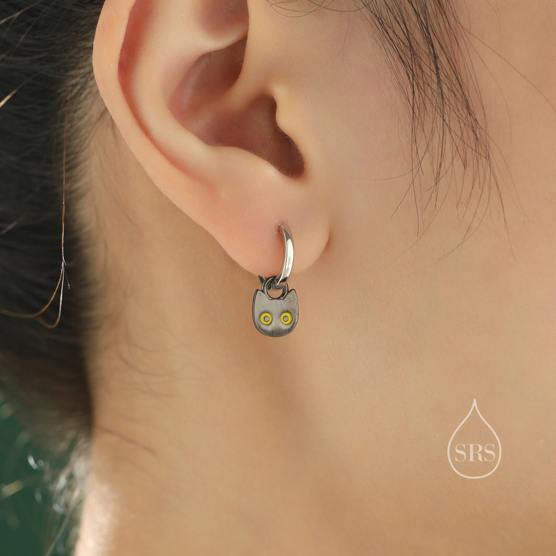 Schrodinger's Cat Asymmetric Huggie Hoop Earrings, Mismatched Black Cat Detachable Hoop Earrings in Sterling Silver, Black Rhodium Coated - Image 6