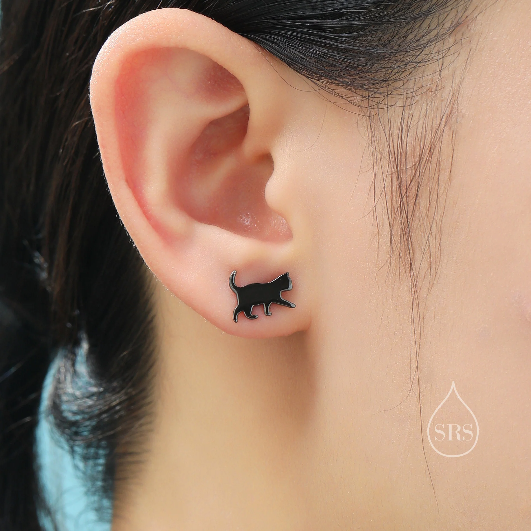 Schrodinger's Cat Asymmetric Stud Earrings in Sterling Silver, Mismatched Black Cat Stud Earrings, Black Rhodium Coated Cat Earrings - Image 6