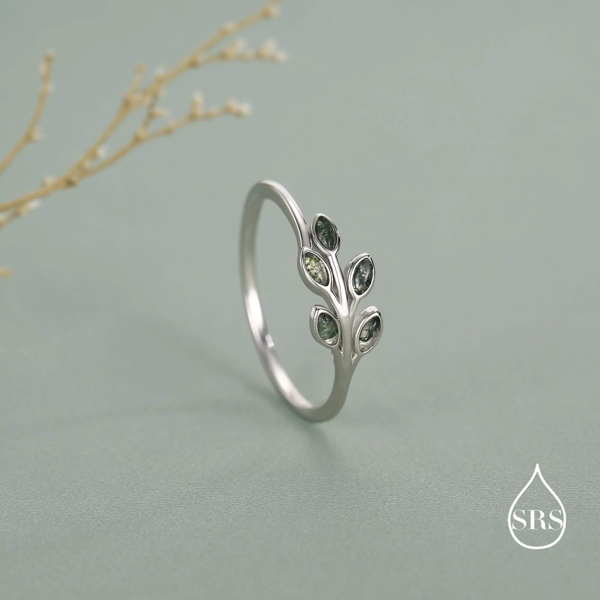 Sterling Silver Olive Branch Ring with Moss Agate, Silver or Gold, US 5 - 8 Olive Leaf Ring, Botanical Ring - Image 5