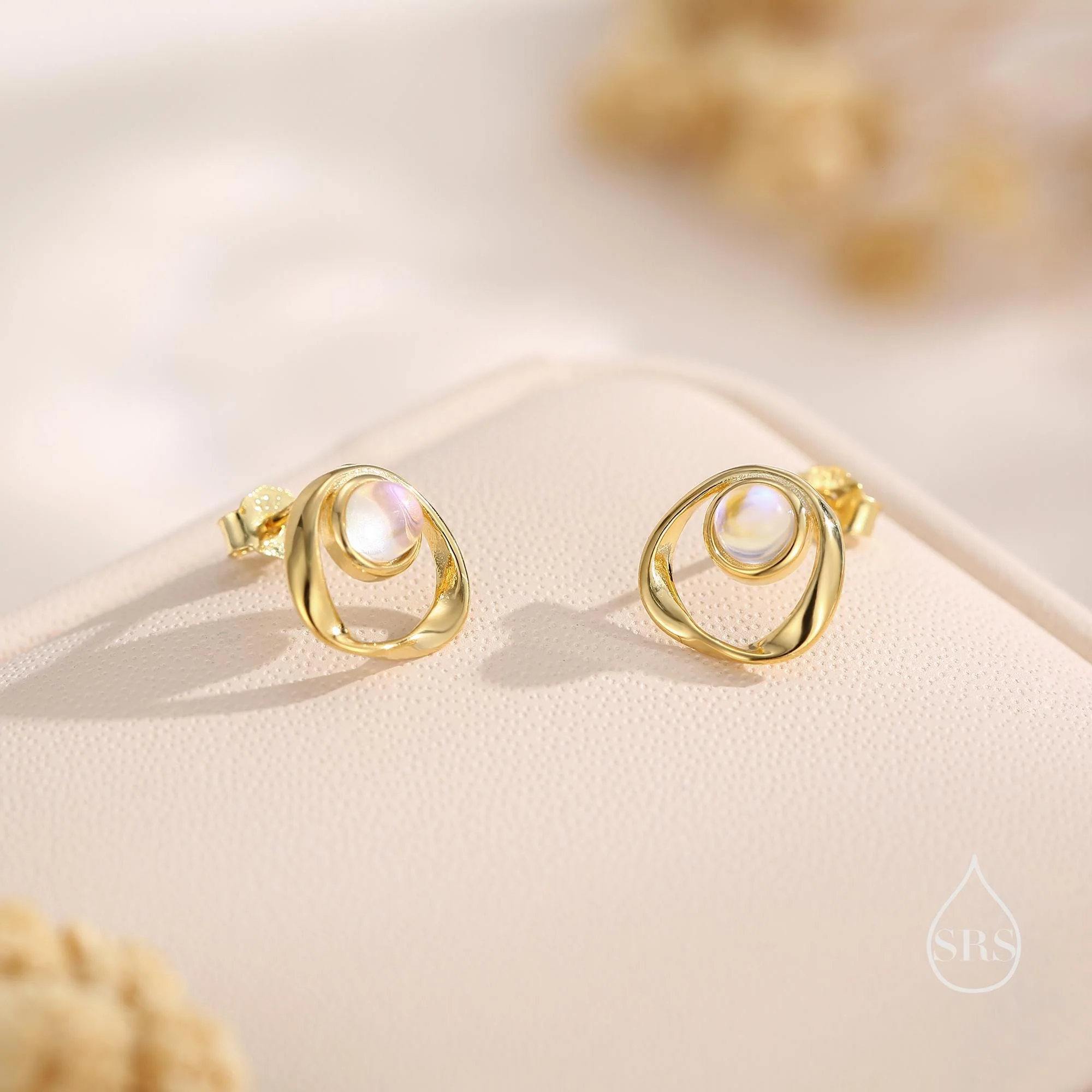 Simulated Moonstone and Mobius Circle Stud Earrings in Sterling Silver, Silver or Gold or Rose Gold, Moonstone Circle Earrings - Image 4