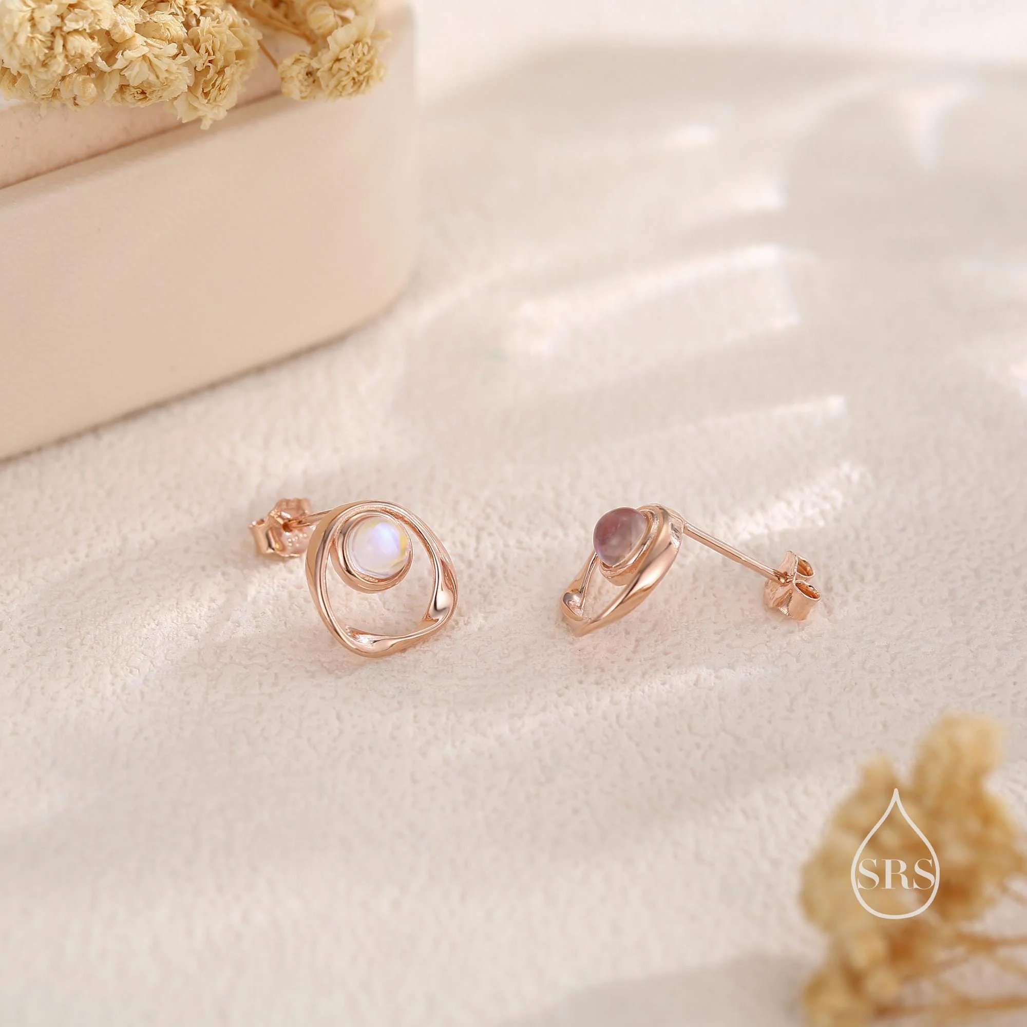 Simulated Moonstone and Mobius Circle Stud Earrings in Sterling Silver, Silver or Gold or Rose Gold, Moonstone Circle Earrings - Image 5