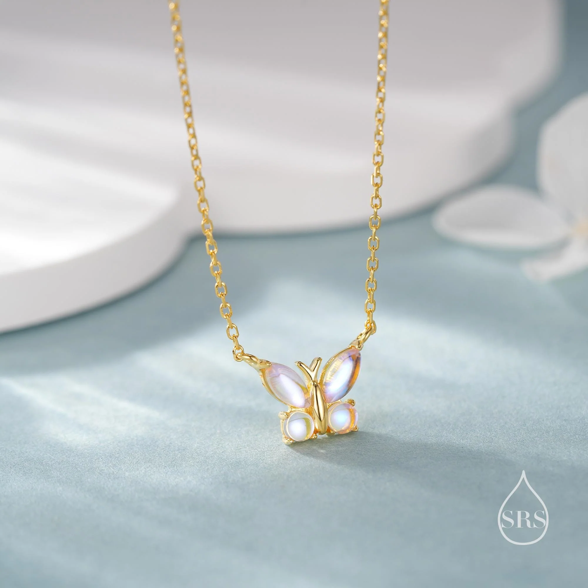 Simulated Moonstone Butterfly Necklace in Sterling Silver, Silver or Gold or Rose Gold, Tiny Lab Moonstone Butterfly Necklace - Image 6