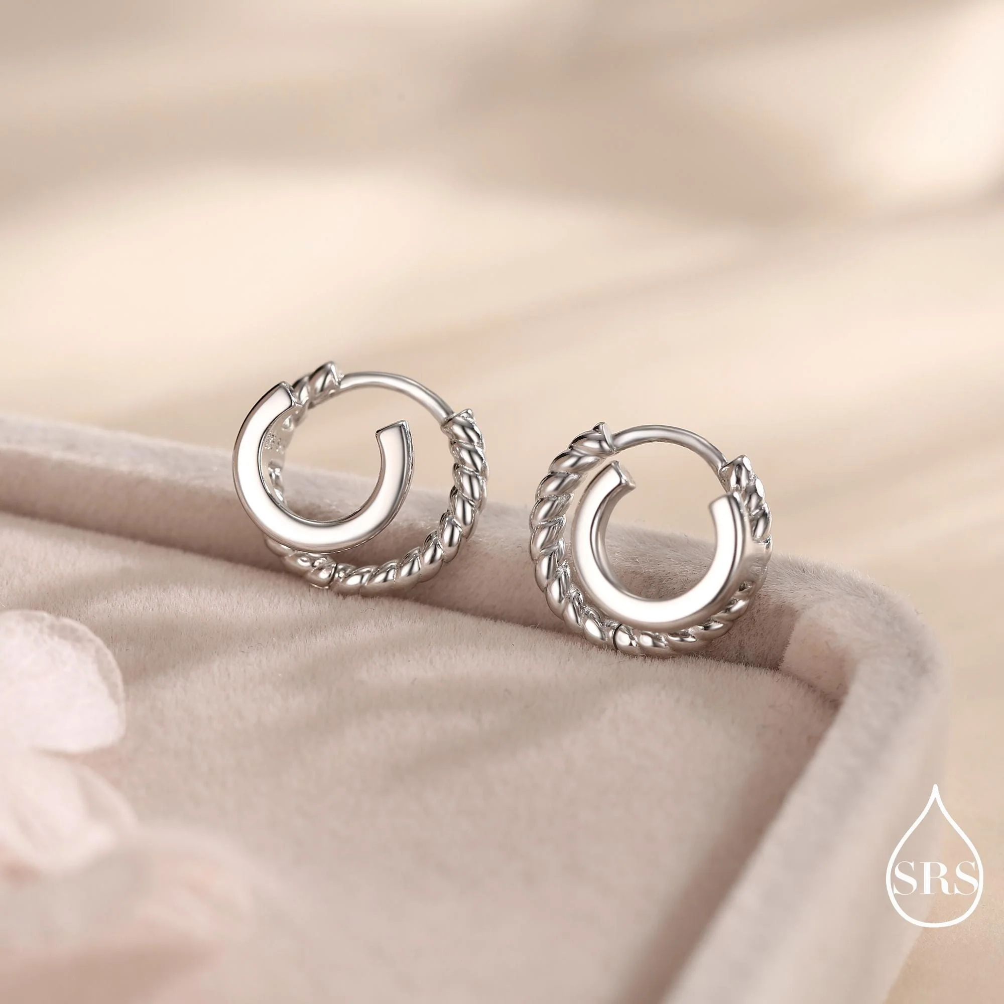 Single Piercing Double Hoop Effect Earrings in Sterling Silver, Braided Texture Hoop Earrings, Silver, Gold, Rose Gold, Dainty and Delicate - Image 2