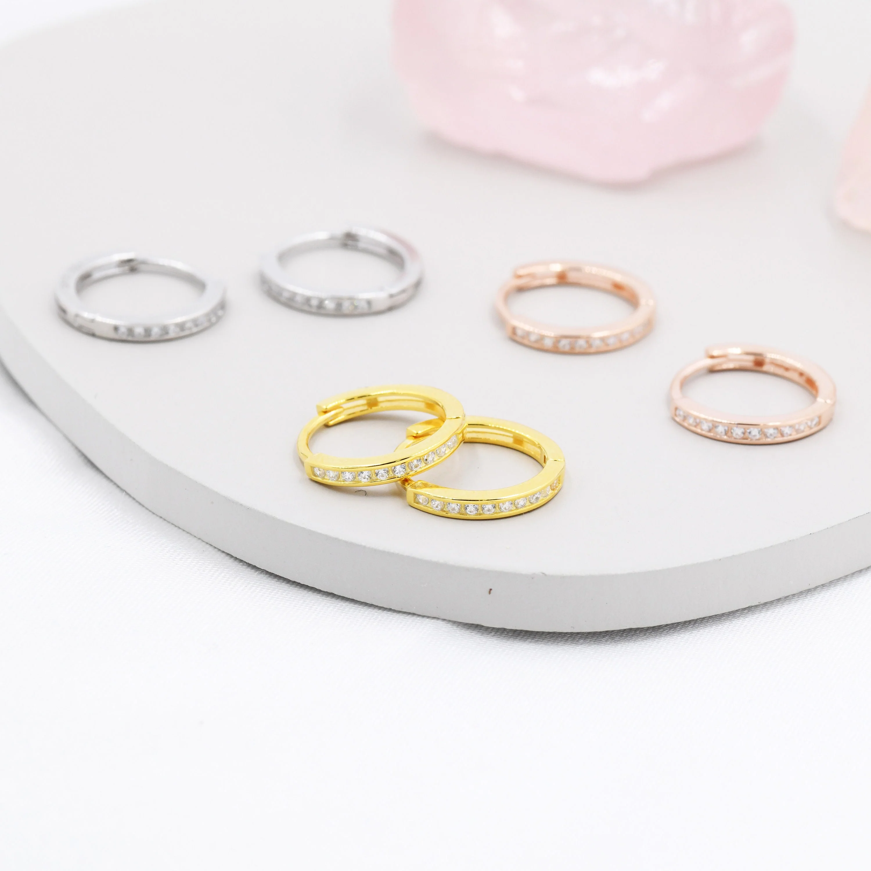 Skinny CZ Crystal Huggie Hoops in Sterling Silver, Silver or Gold or Rose Gold, Minimalist Hoop Earrings, 8mm and 10mm Hoops - Image 5
