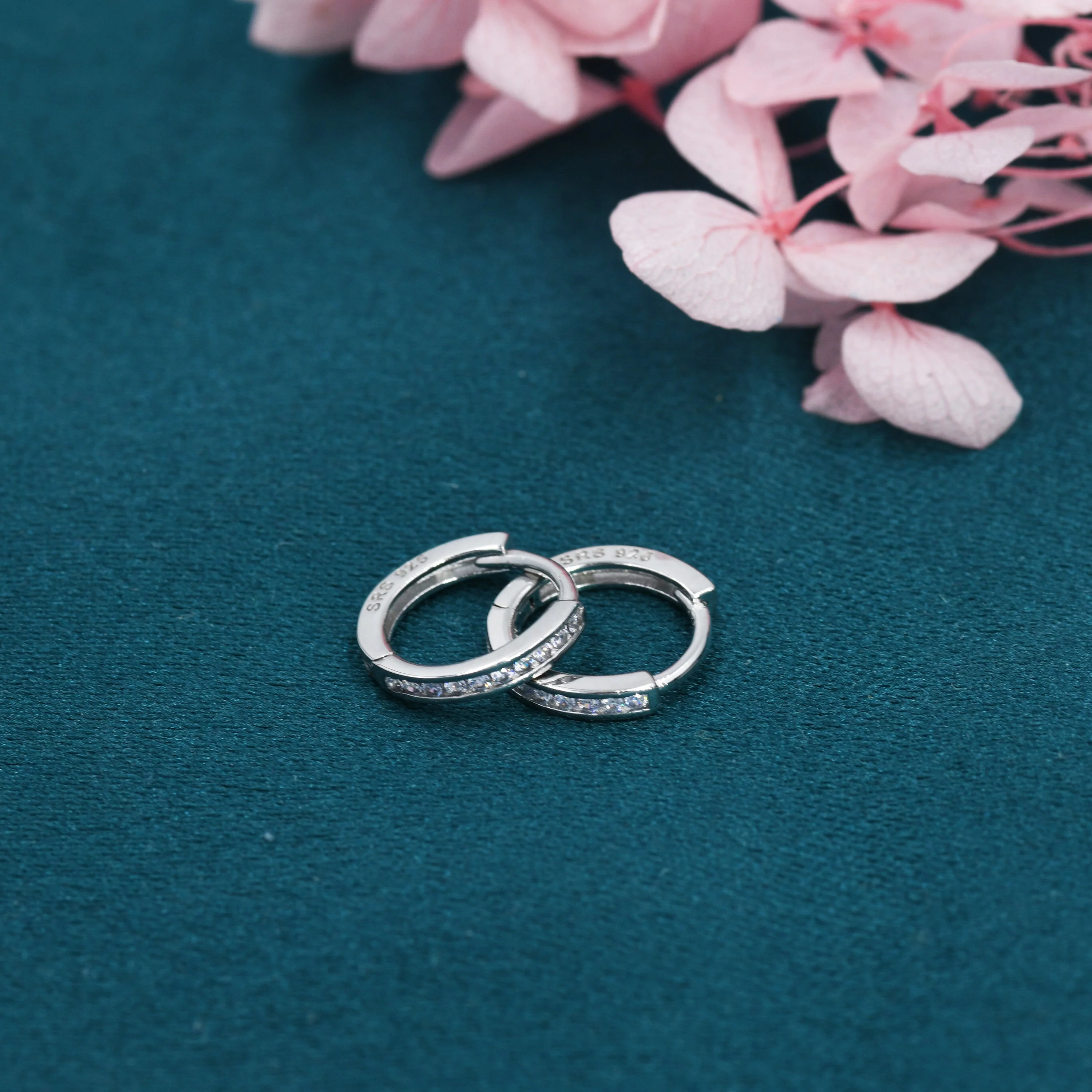 Skinny CZ Crystal Huggie Hoops in Sterling Silver, Silver or Gold or Rose Gold, Minimalist Hoop Earrings, 8mm  and 10mm Hoops - Image 2