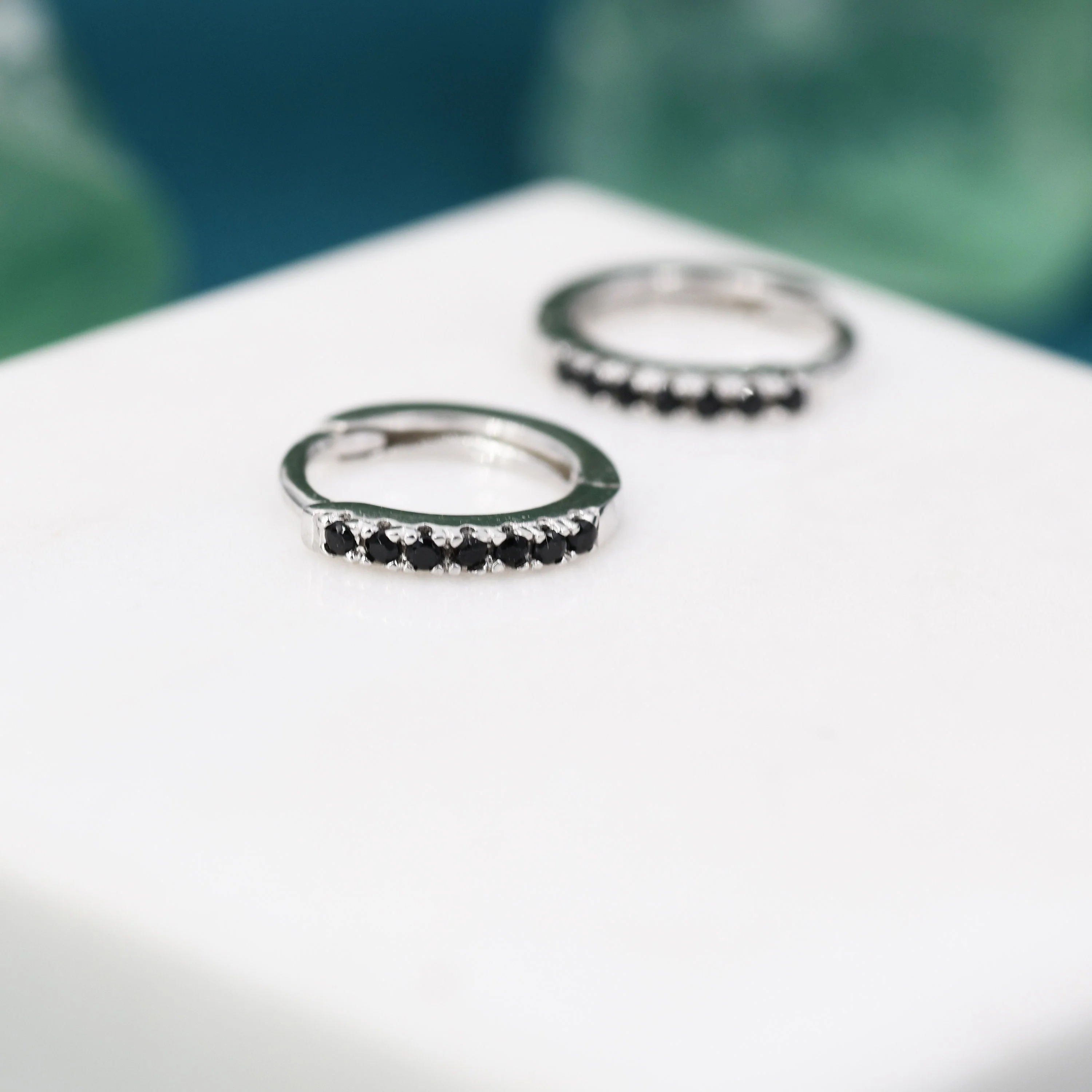 Skinny Huggie Hoop Earrings in Sterling Silver with Black CZ Crystals, Tiny Snug Hoop Earrings, Black Diamond, Simple Hoop Earrings - Image 2