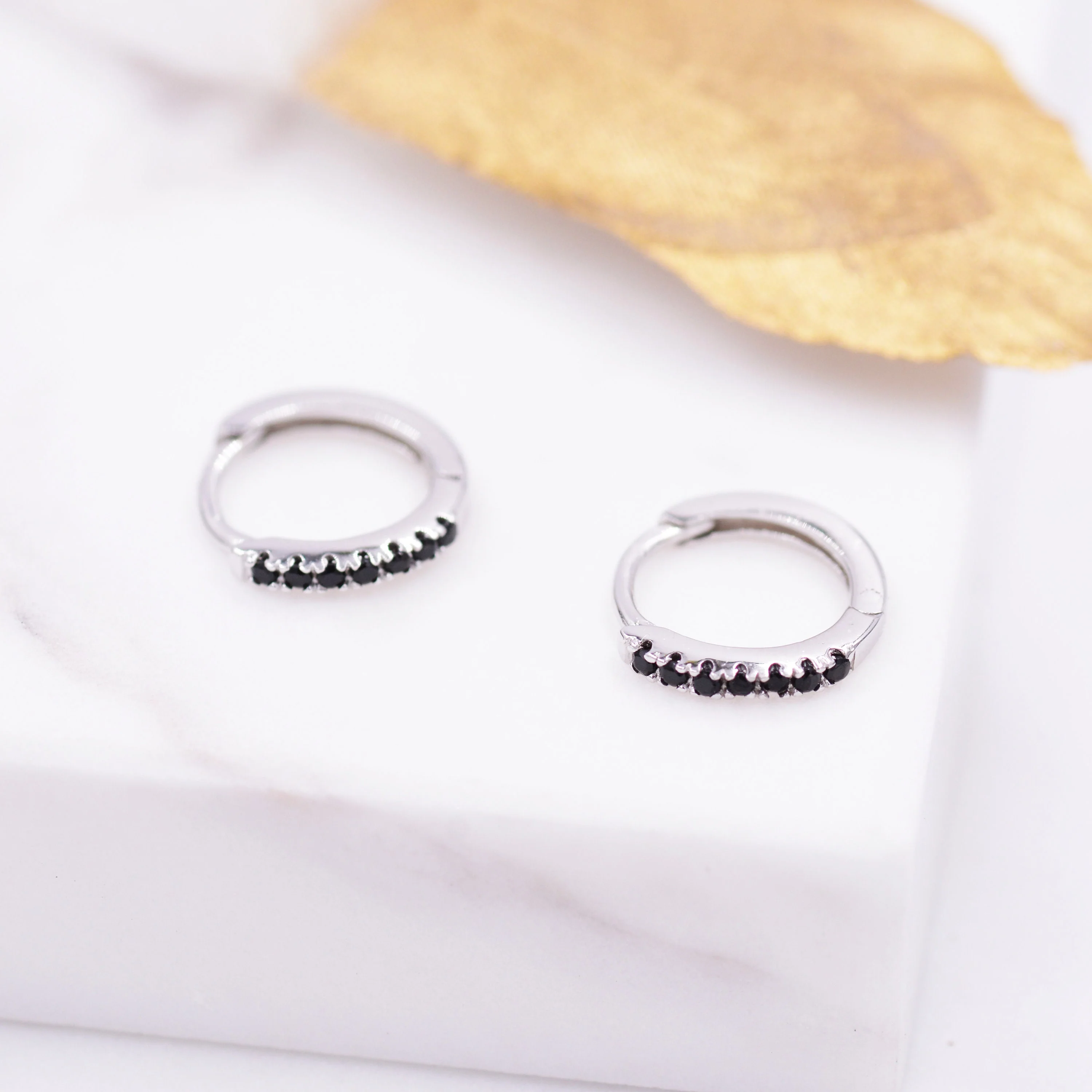 Skinny Huggie Hoop Earrings in Sterling Silver with Black CZ Crystals, Tiny Snug Hoop Earrings, Black Diamond, Simple Hoop Earrings - Image 6