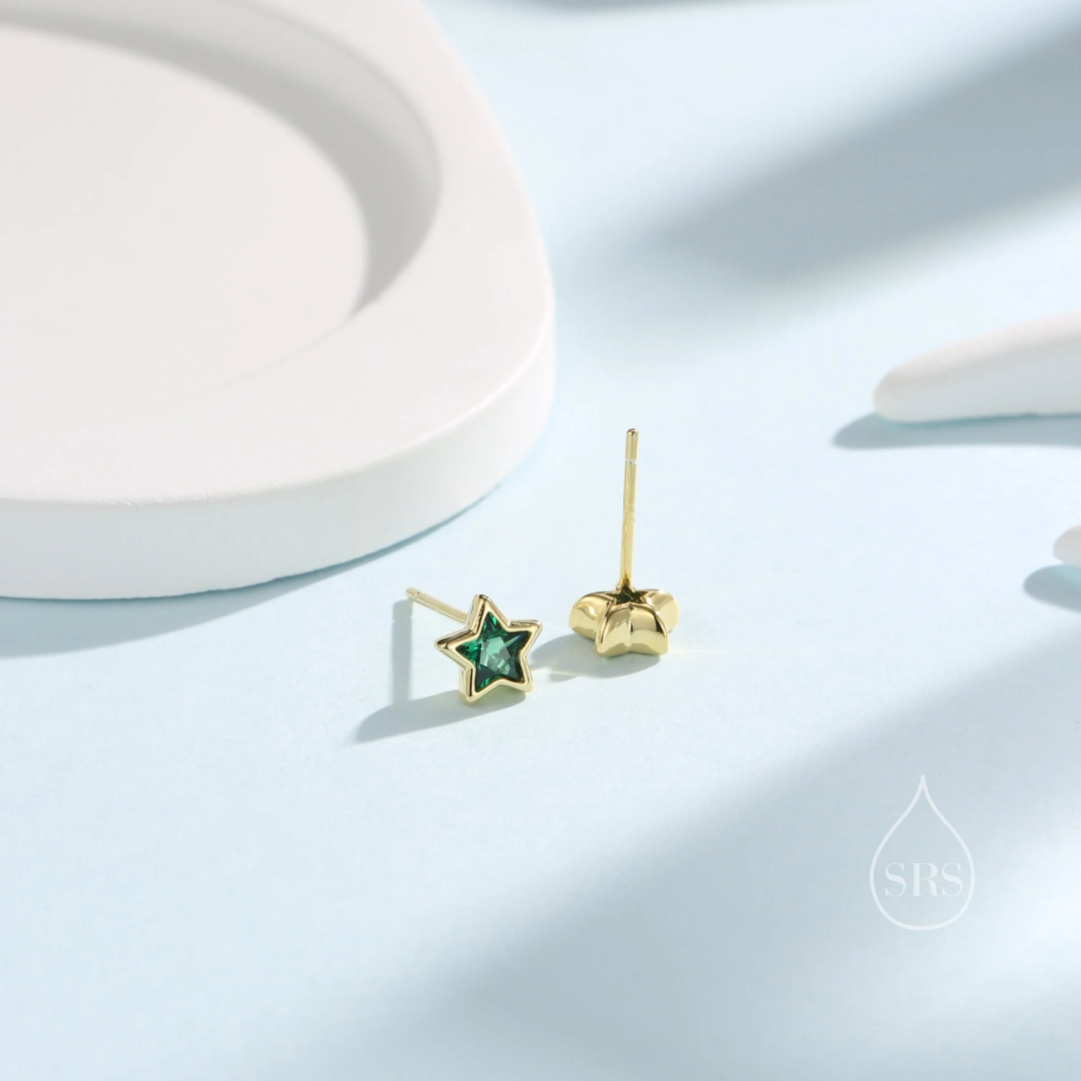 Small CZ Star Stud Earrings in Sterling Silver, Silver or Gold, 5mm Sparkly Crystal Star Earrings, Stacking Earrings, Green Star, Blue Star - Image 3