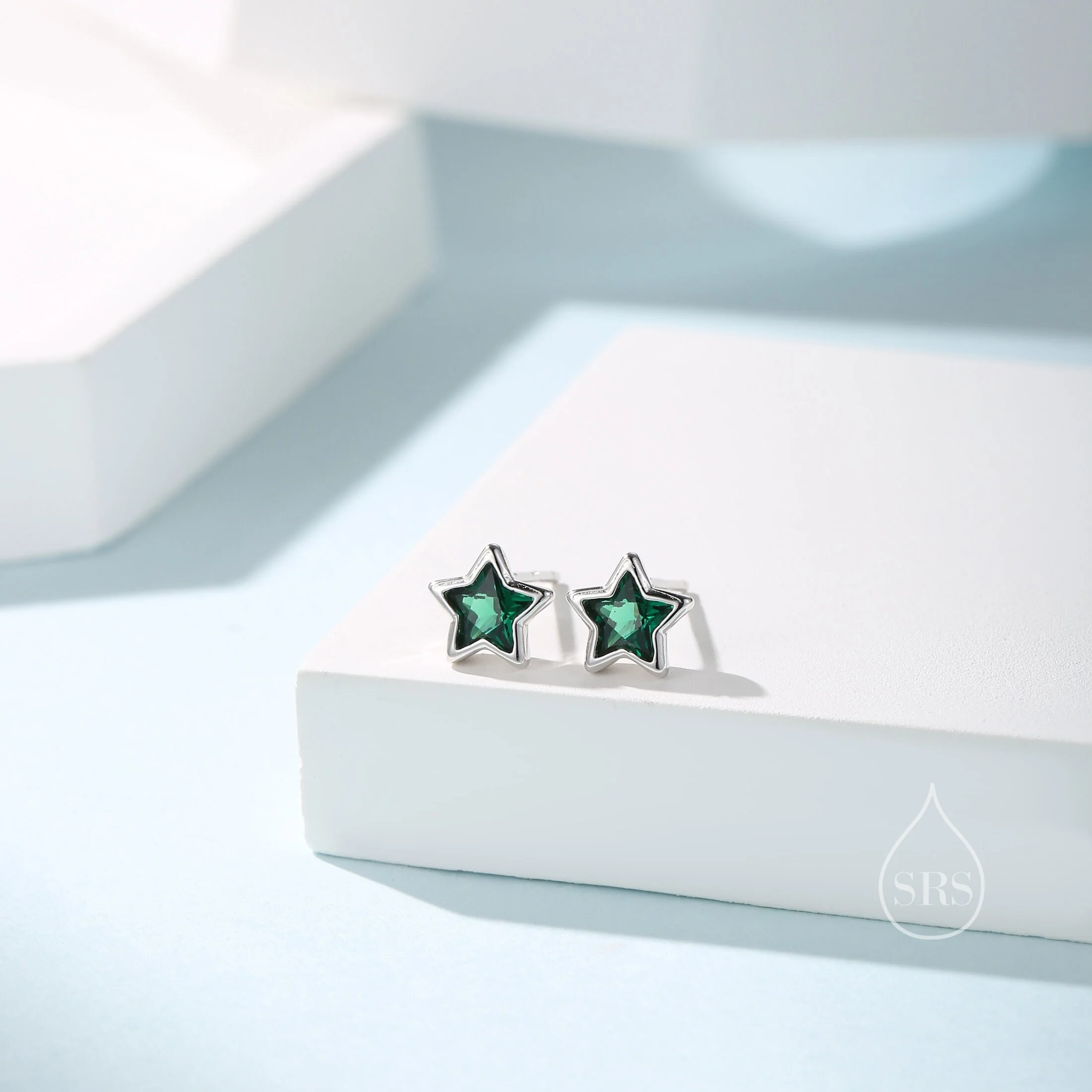 Small CZ Star Stud Earrings in Sterling Silver, Silver or Gold, 5mm Sparkly Crystal Star Earrings, Stacking Earrings, Green Star, Blue Star - Image 7