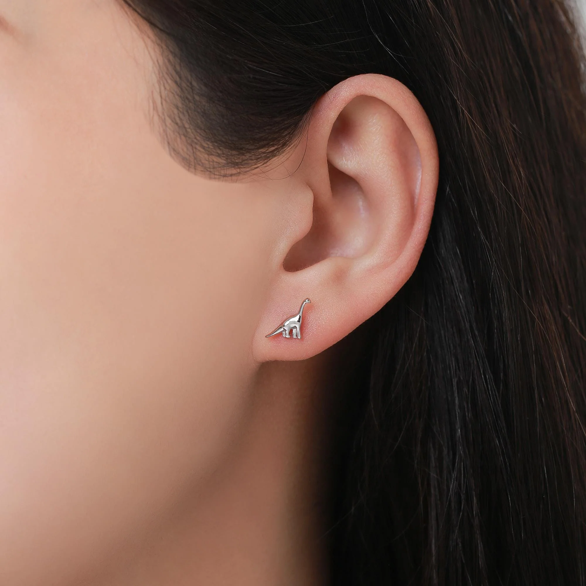 Small Dinosaur Stud Earrings in Sterling Silver, Silver Brachiosaurus Dino Earrings, Silver Dinosaur Earrings - Image 2