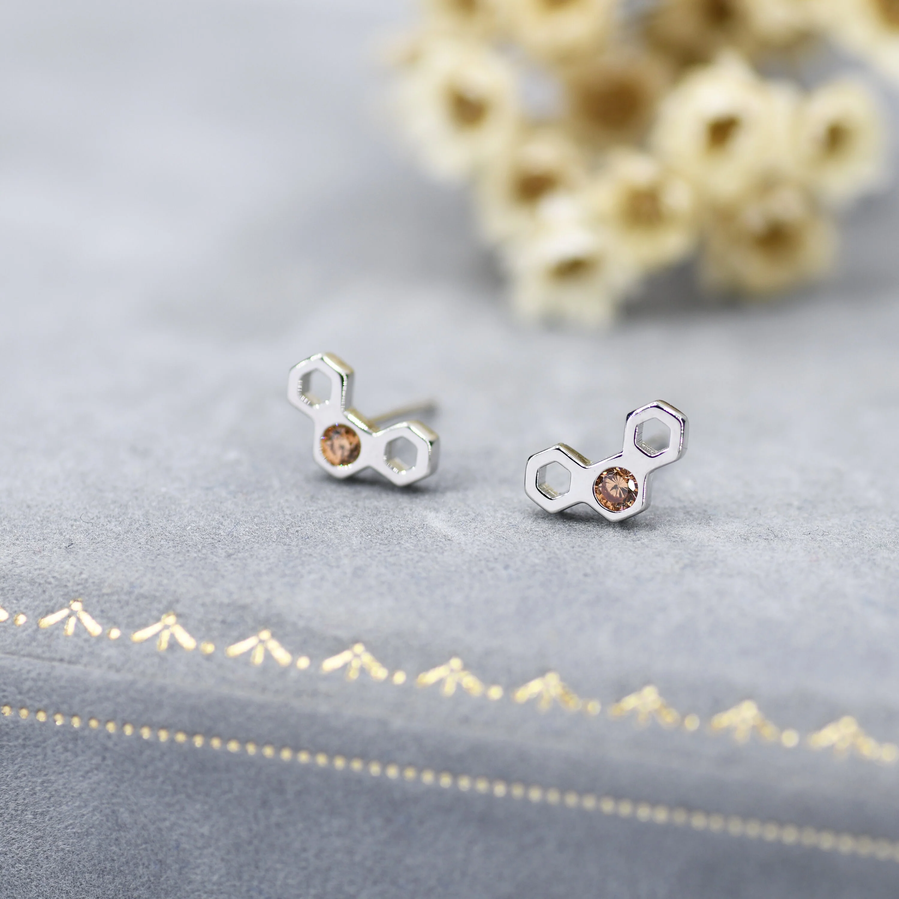 Small Honeycomb Stud Earrings in Sterling Silver, Silver or Gold, Nature Inspired - Image 2
