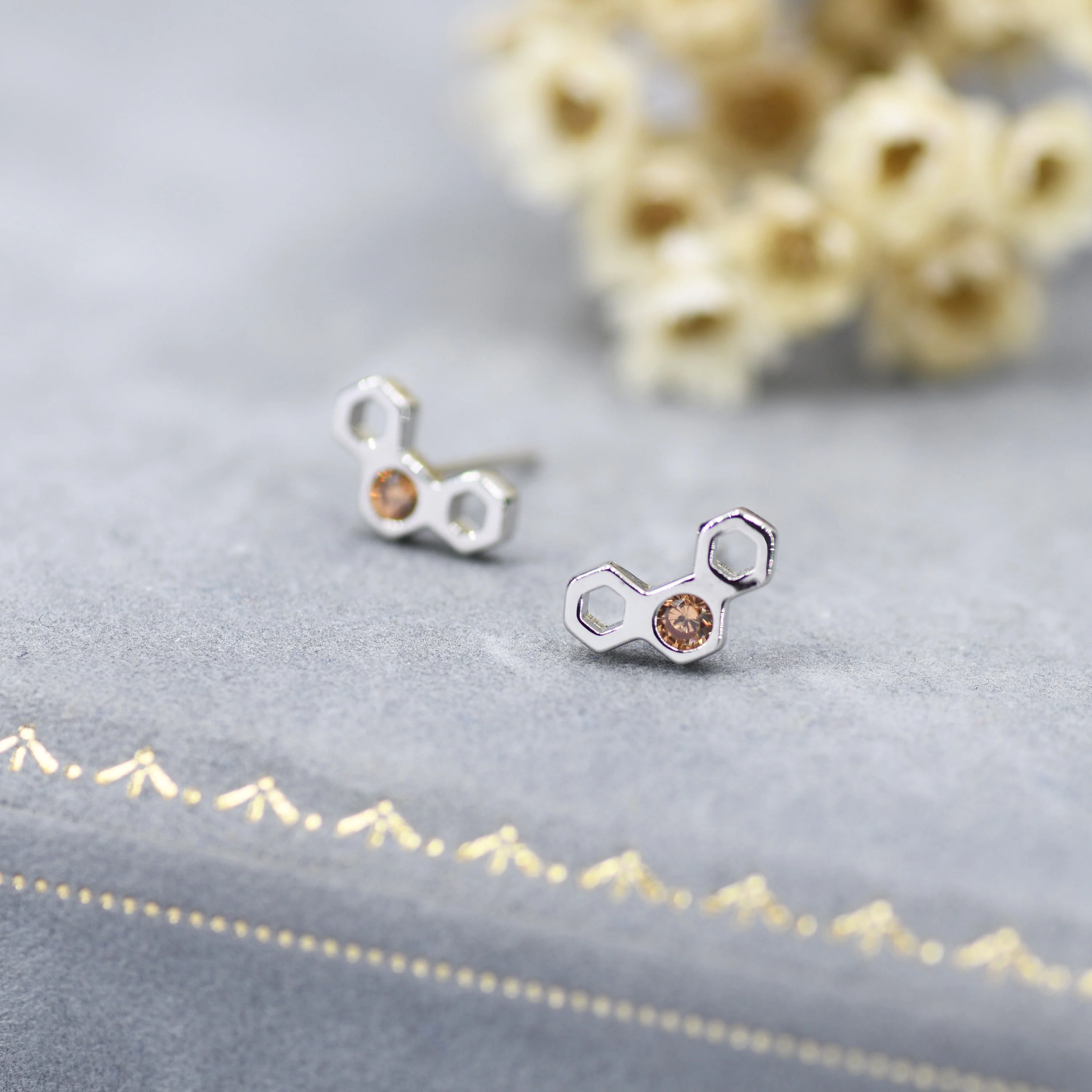 Small Honeycomb Stud Earrings in Sterling Silver, Silver or Gold, Nature Inspired - Image 3