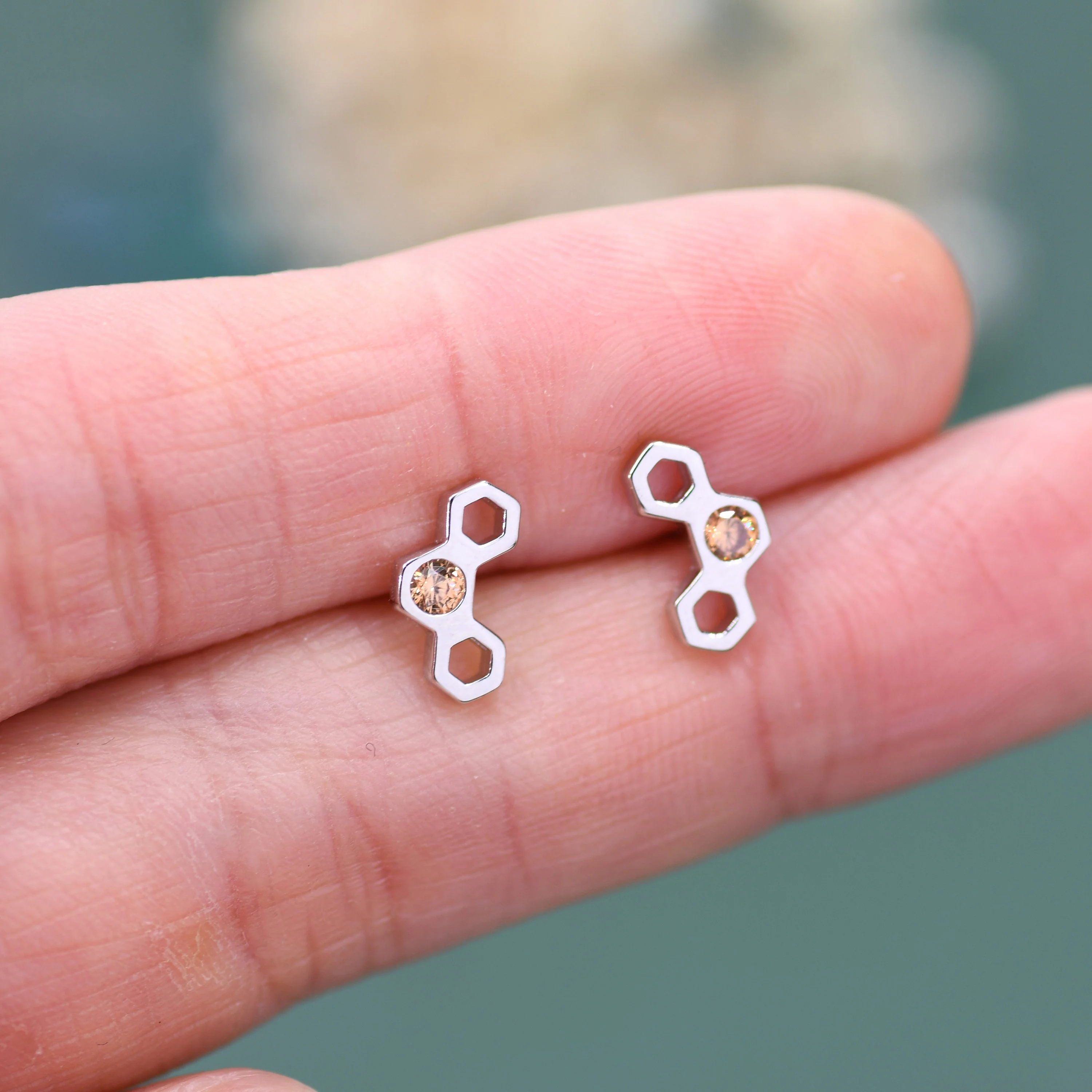 Small Honeycomb Stud Earrings in Sterling Silver, Silver or Gold, Nature Inspired - Image 4
