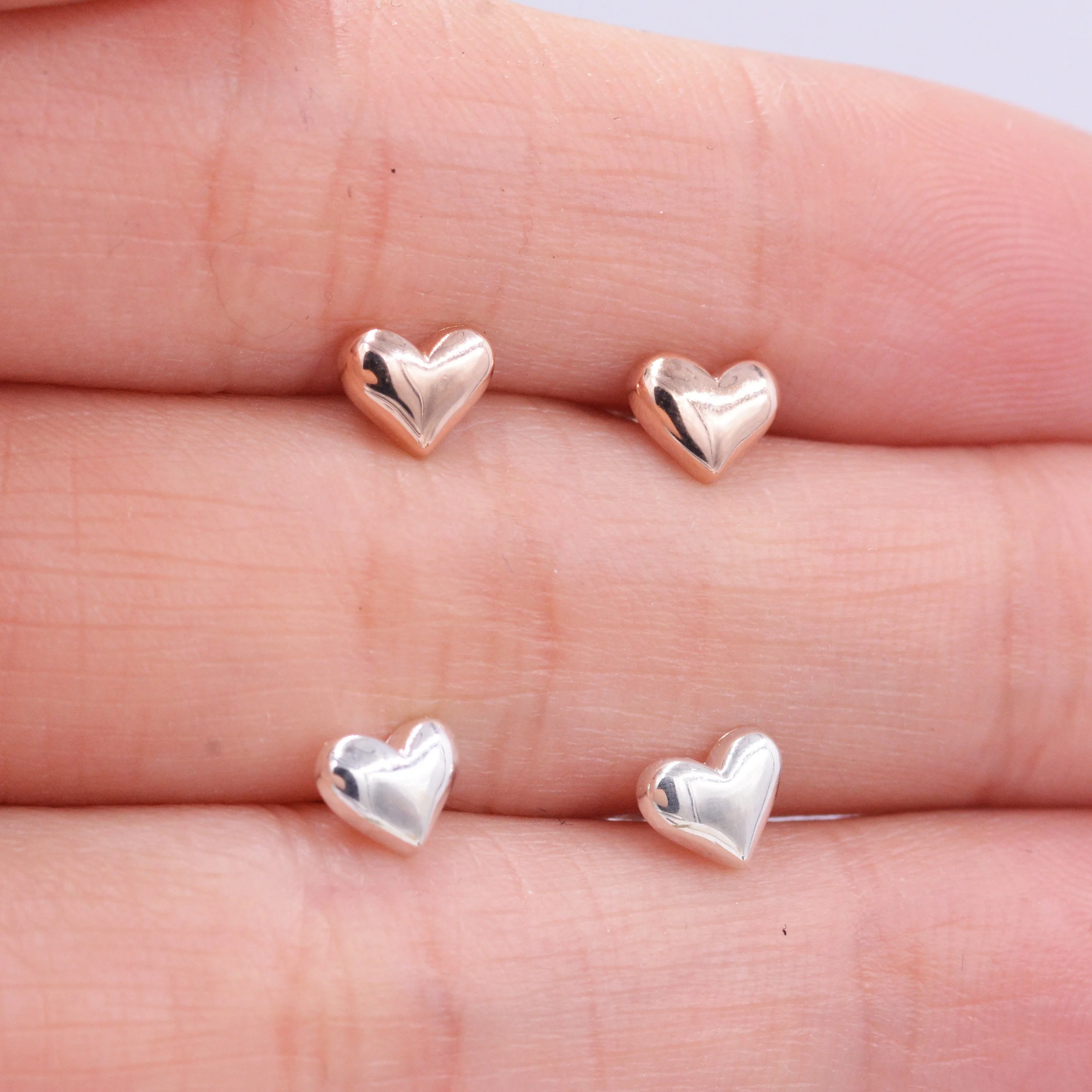 Tiny Pair of Heart Stud Earrings in Sterling Silver, Simple Stud, Silver and Rose Gold, Minimalist and Stylish - Image 3