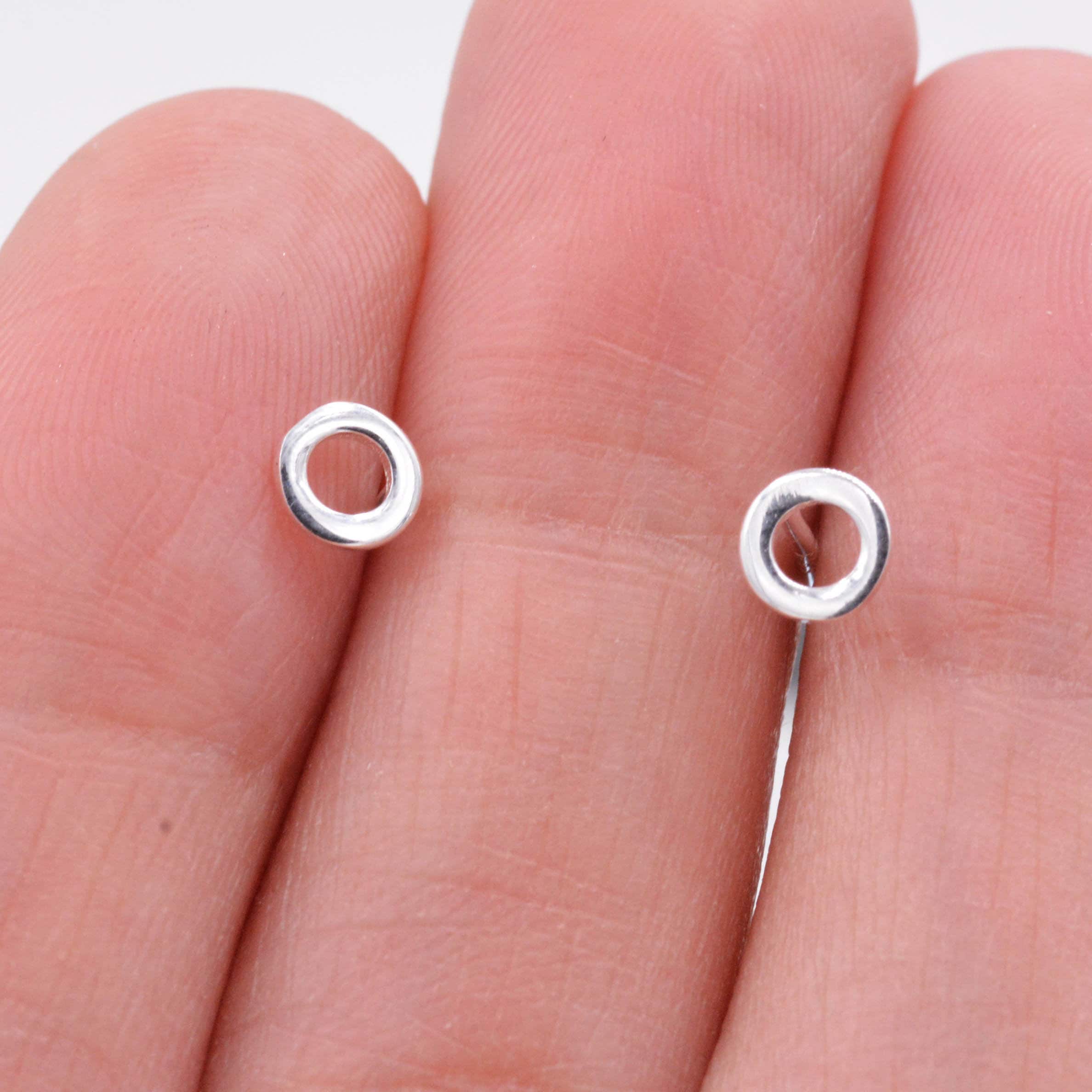 Small Pair of Sterling Silver Tiny Little Open Circle Dot Minimalist Geometric Stud Earrings, Dainty and Delicate Design - Image 4