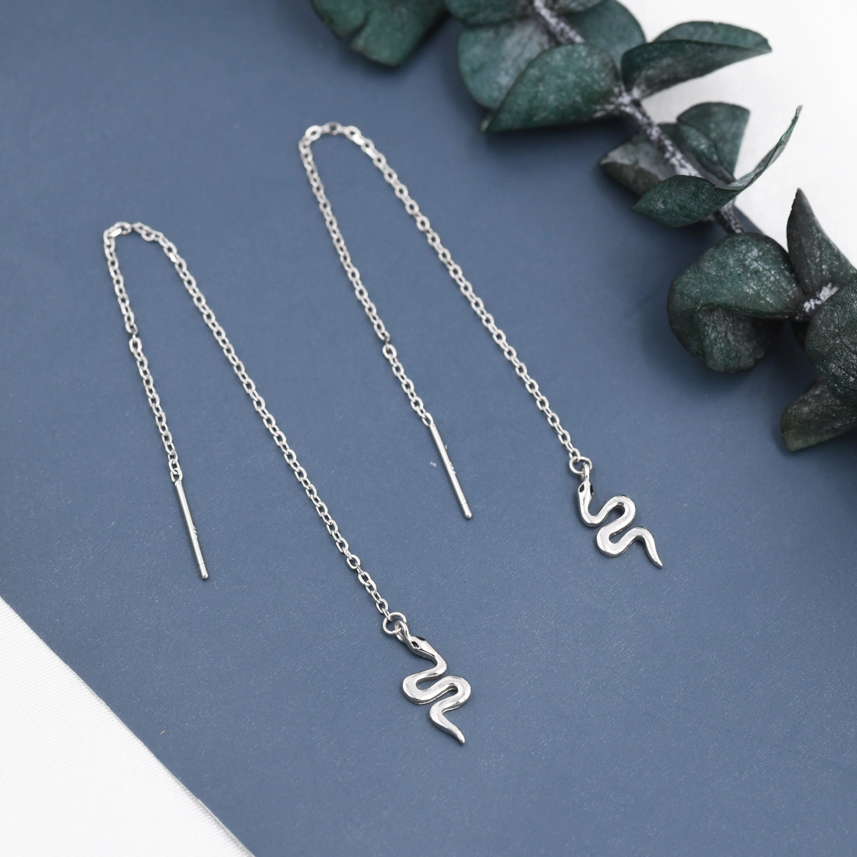 Snake Threader Earrings in Sterling Silver, Silver or Gold,  Snake Long Ear Threaders, Single or Double Piercing Threaders, Long Threaders - Image 2