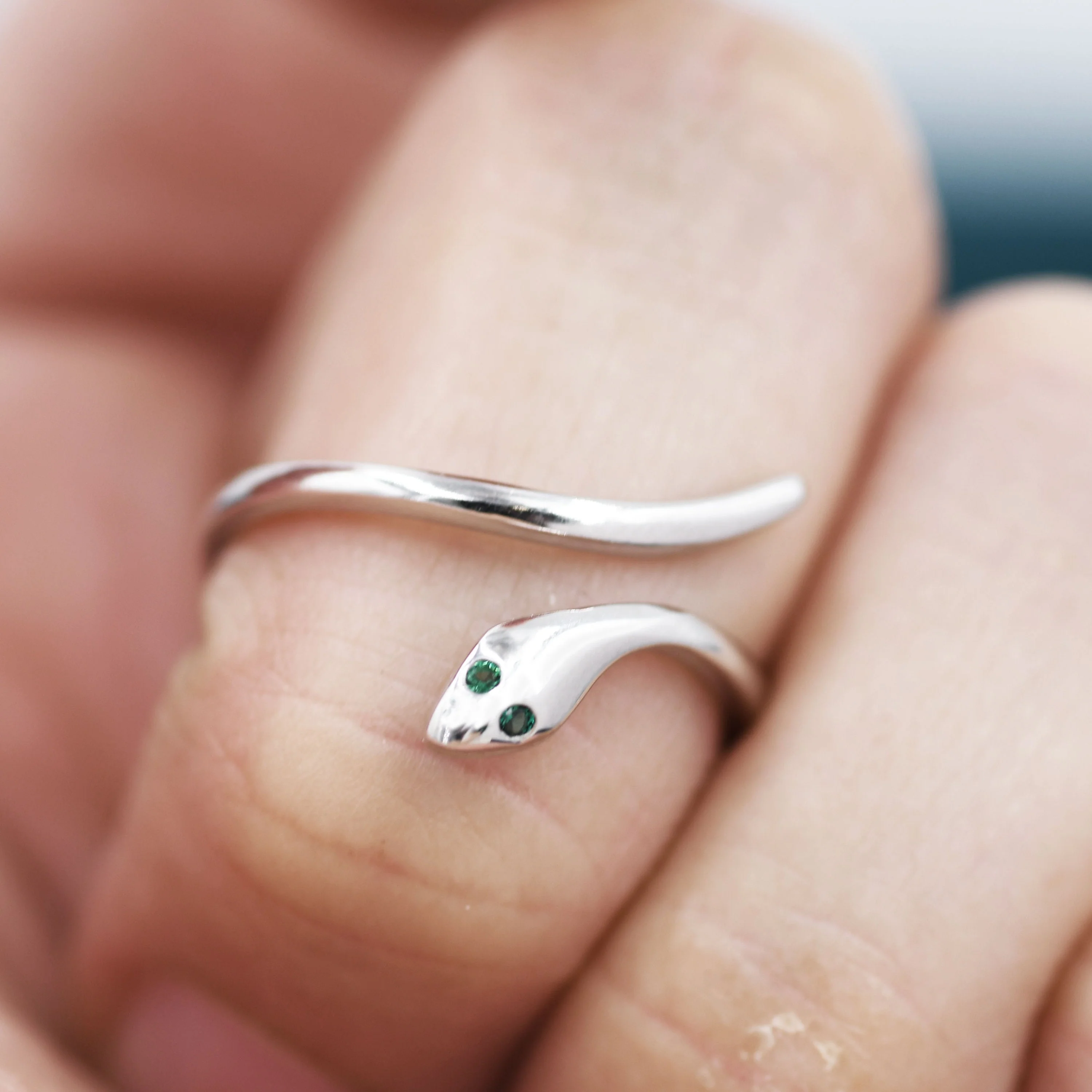 Snake Wrap Ring in Sterling Silver - Emerald Green Eyed Snake Ring - Adjustable and Available in Three Sizes - Image 4