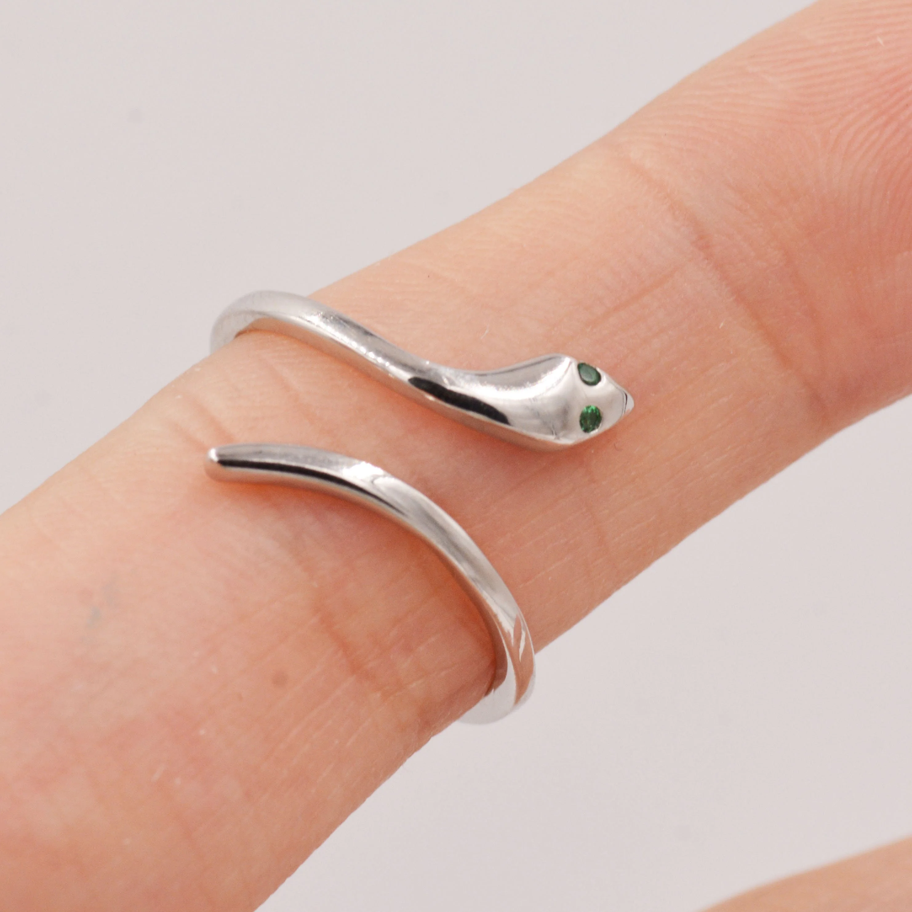Snake Wrap Ring in Sterling Silver - Emerald Green Eyed Snake Ring - Adjustable and Available in Three Sizes - Image 5