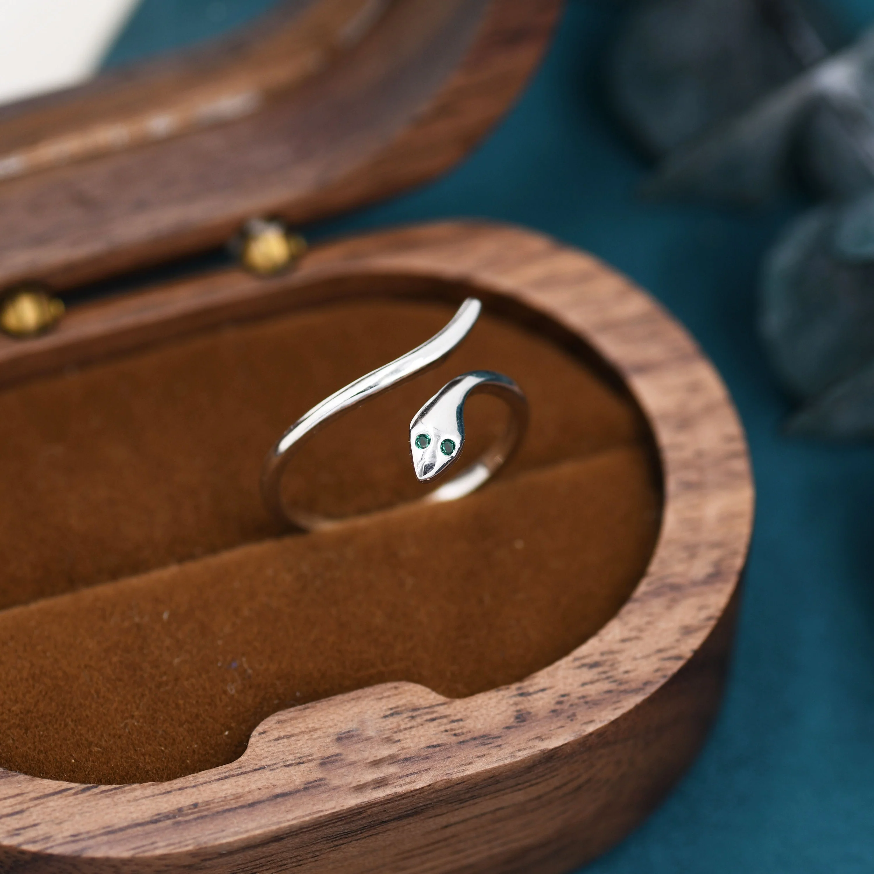 Snake Wrap Ring in Sterling Silver - Emerald Green Eyed Snake Ring - Adjustable and Available in Three Sizes - Image 8