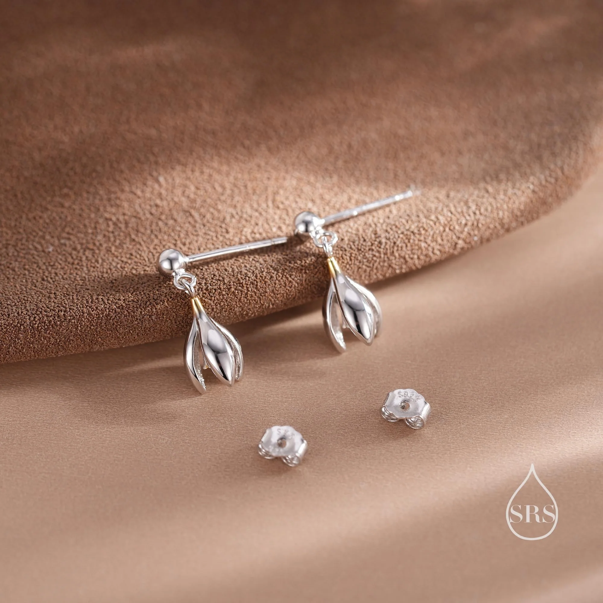 Snowdrop Flower Drop Dangle Earrings in Sterling Silver, Silver and Gold Two Tone, Nature Inspired Flower Earrings, January Birth Flower - Image 3