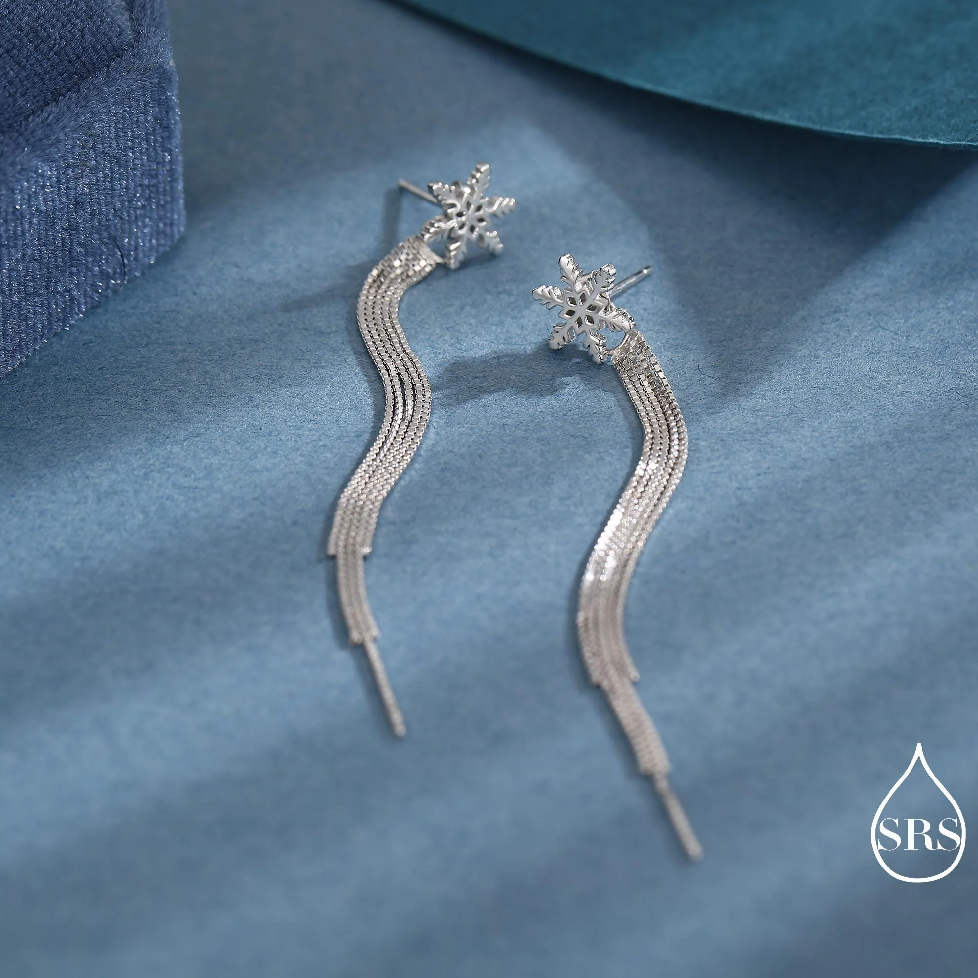 Snowflake Dangle Drop Stud Earrings in Sterling Silver with Tassels, Silver or Gold or Rose Gold, Winter Statement Earrings - Image 3