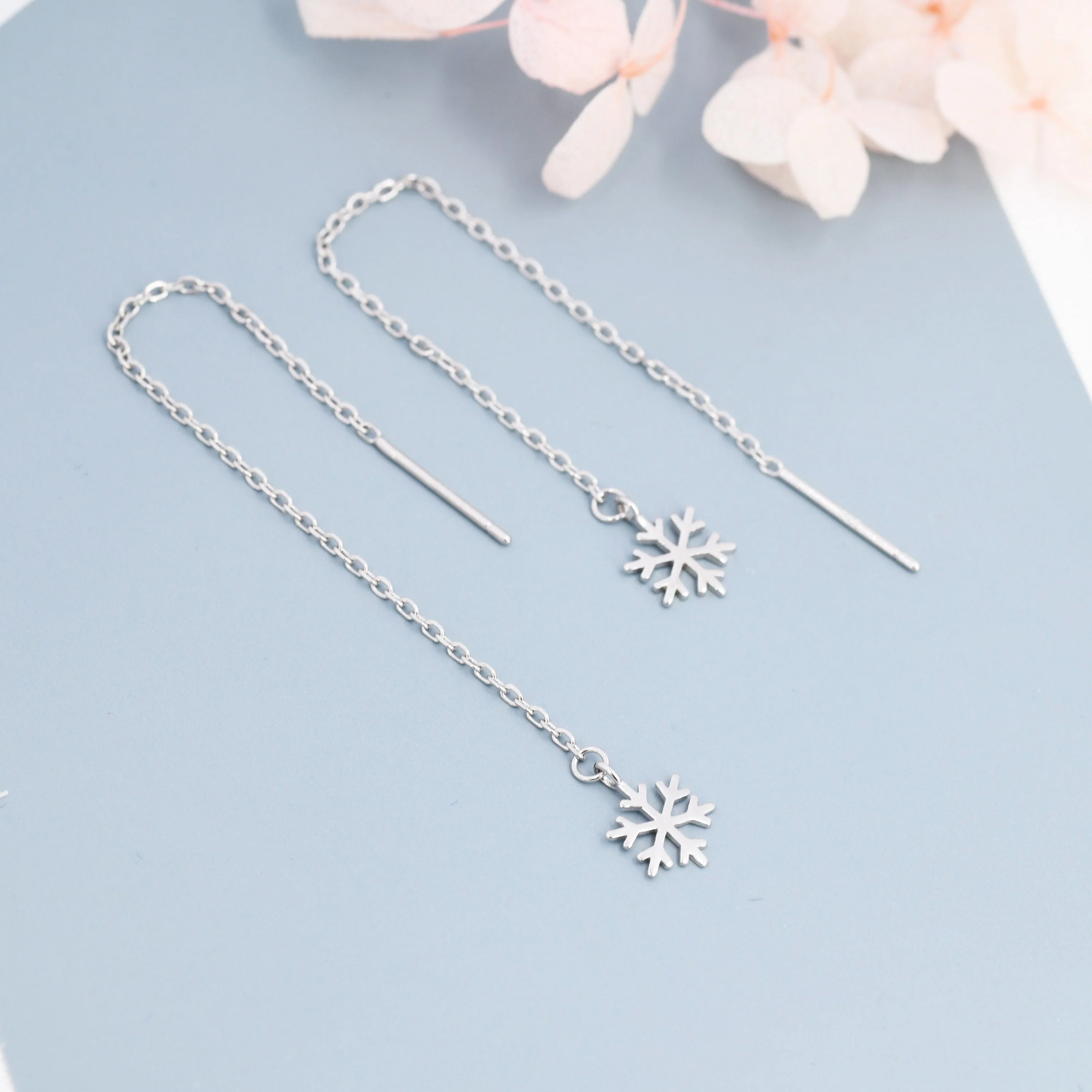 Snowflake Threader Earrings in Sterling Silver, Snow Flake Threaders, Silver, Gold or Rose Gold, Long Threaders - Image 8