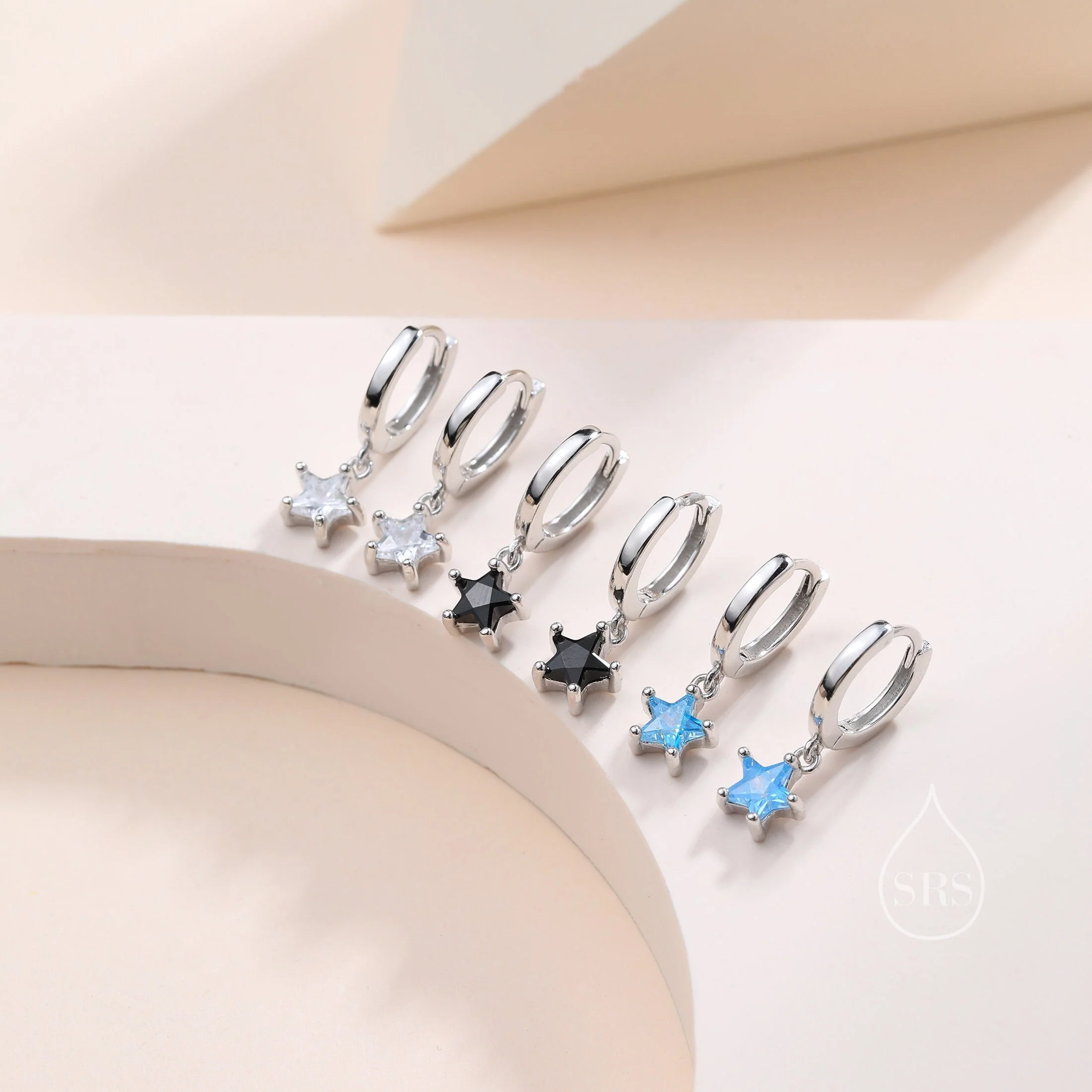 Sparkly CZ Star Huggie Hoop Earrings in Sterling Silver, Aquamarine Blue Star Hoops, North Star Dangle Earrings, Celestial Jewellery