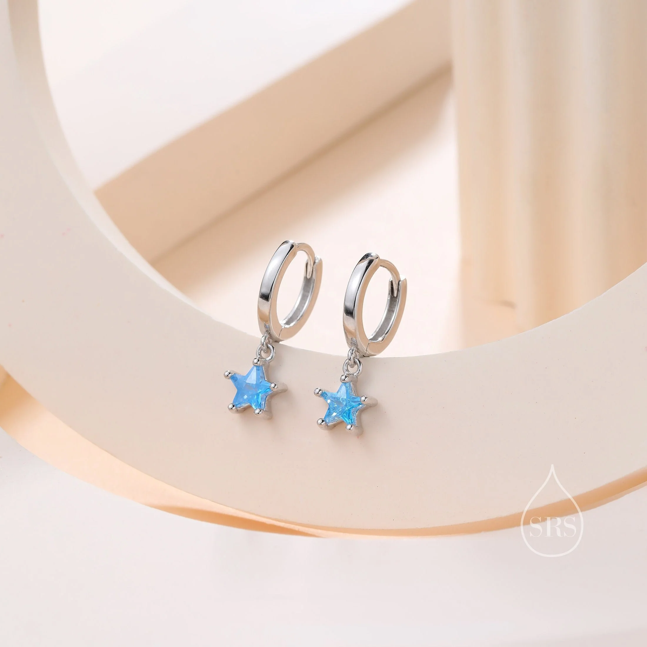 Sparkly CZ Star Huggie Hoop Earrings in Sterling Silver, Aquamarine Blue Star Hoops, North Star Dangle Earrings, Celestial Jewellery - Image 3