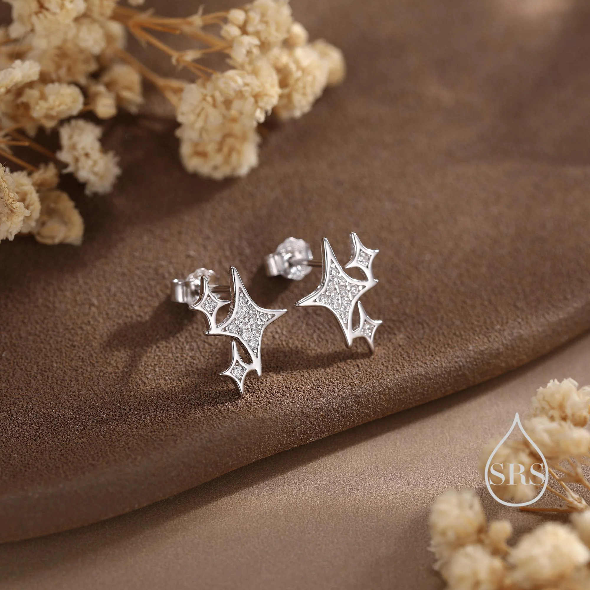 Sparkly Stars CZ Stud Earrings in Sterling Silver, Four Point Star Earrings, Silver or Gold, Three Star Earrings, Celestial Earrings - Image 5