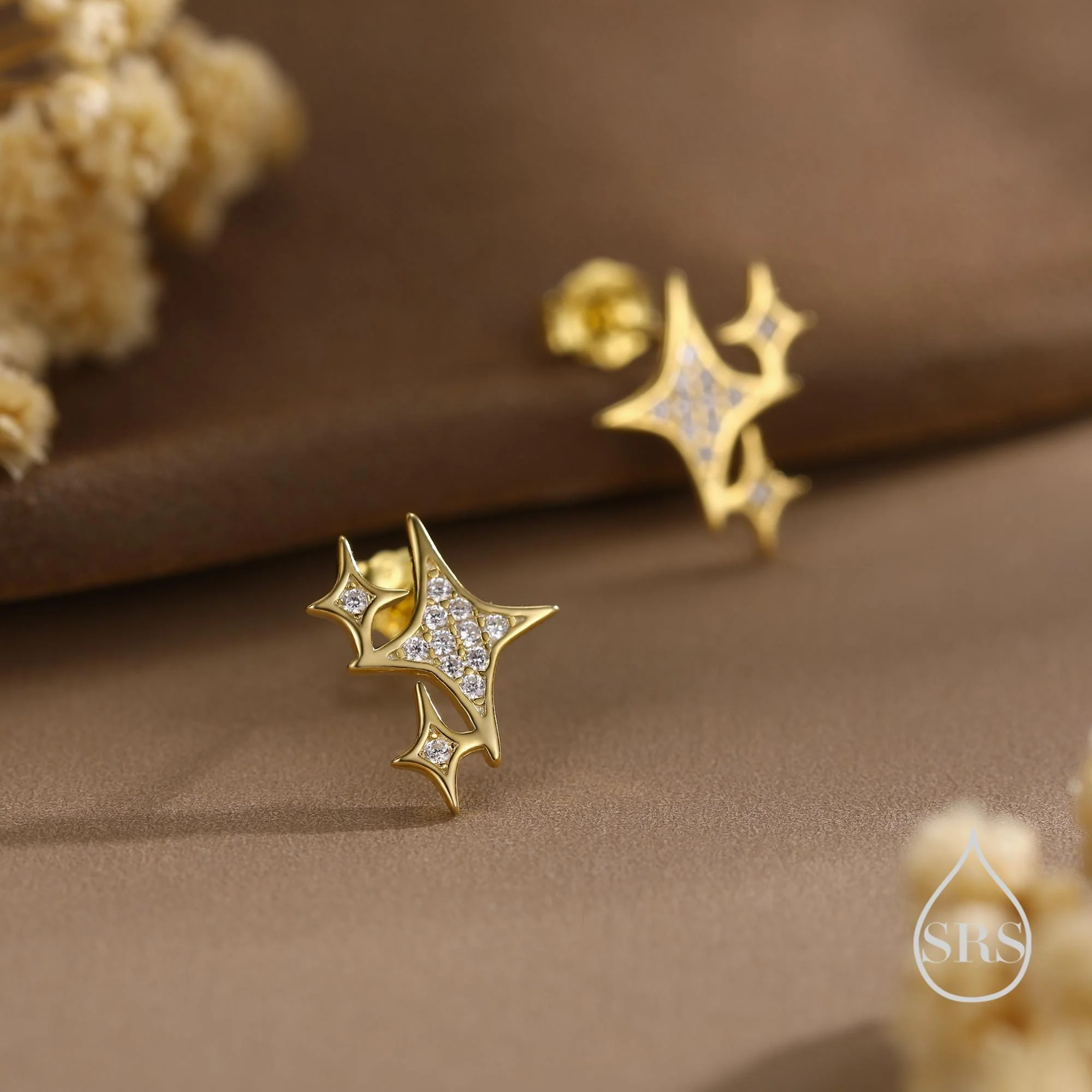 Sparkly Stars CZ Stud Earrings in Sterling Silver, Four Point Star Earrings, Silver or Gold, Three Star Earrings, Celestial Earrings - Image 7