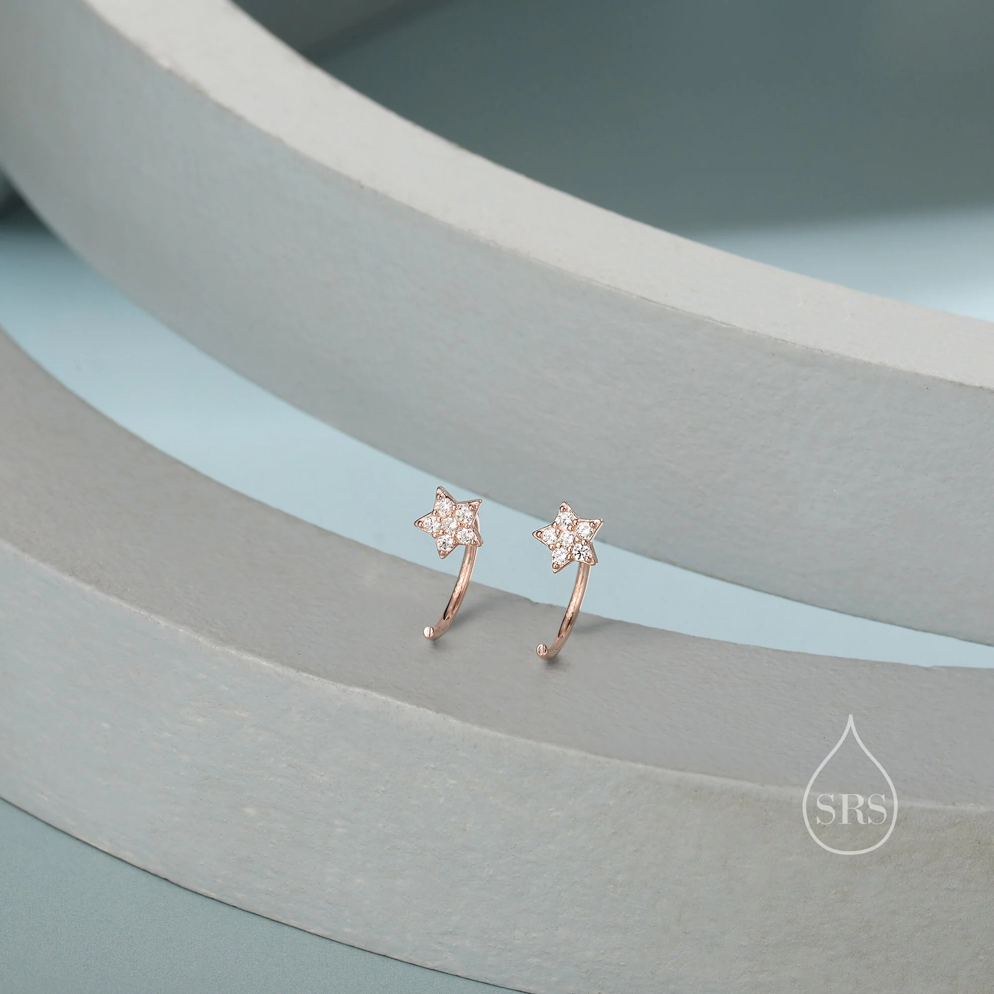 Star Huggie Hoop Earrings in Sterling Silver, Silver Gold or Rose Gold, Star CZ Open Hoops, Pull Through Threaders, Half Hoops - Image 6