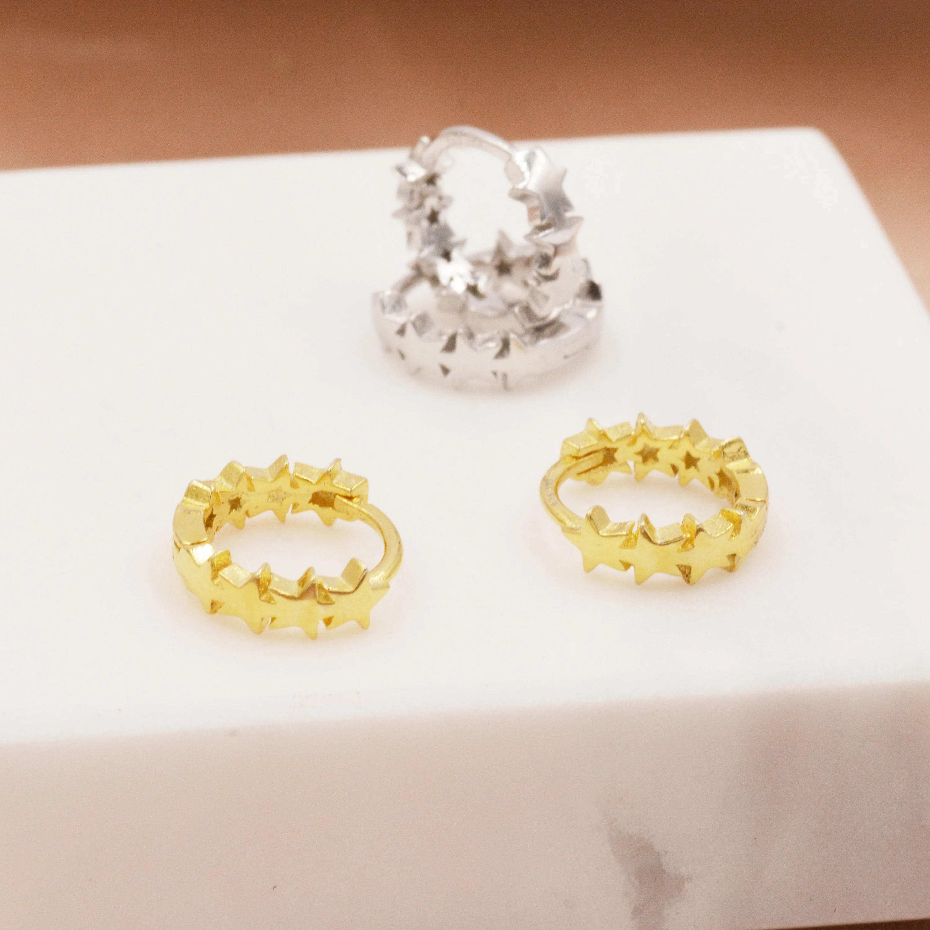 Star Motif Huggie Hoop Earrings in Sterling Silver, Star Hoop Snug Earrings, 8mm Hoop, Silver or Gold, Geometric Design