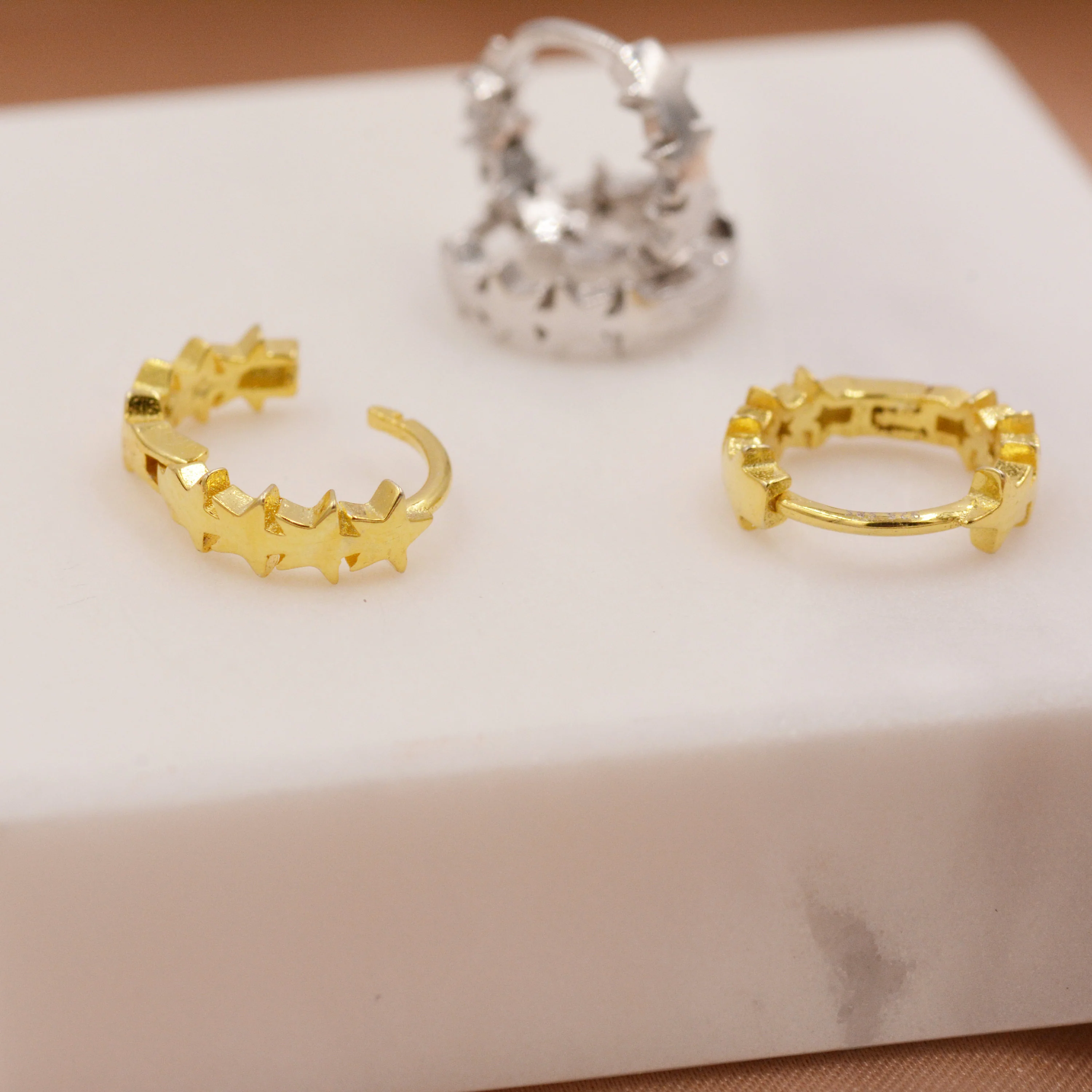 Star Motif Huggie Hoop Earrings in Sterling Silver, Star Hoop Snug Earrings, 8mm Hoop, Silver or Gold, Geometric Design - Image 4