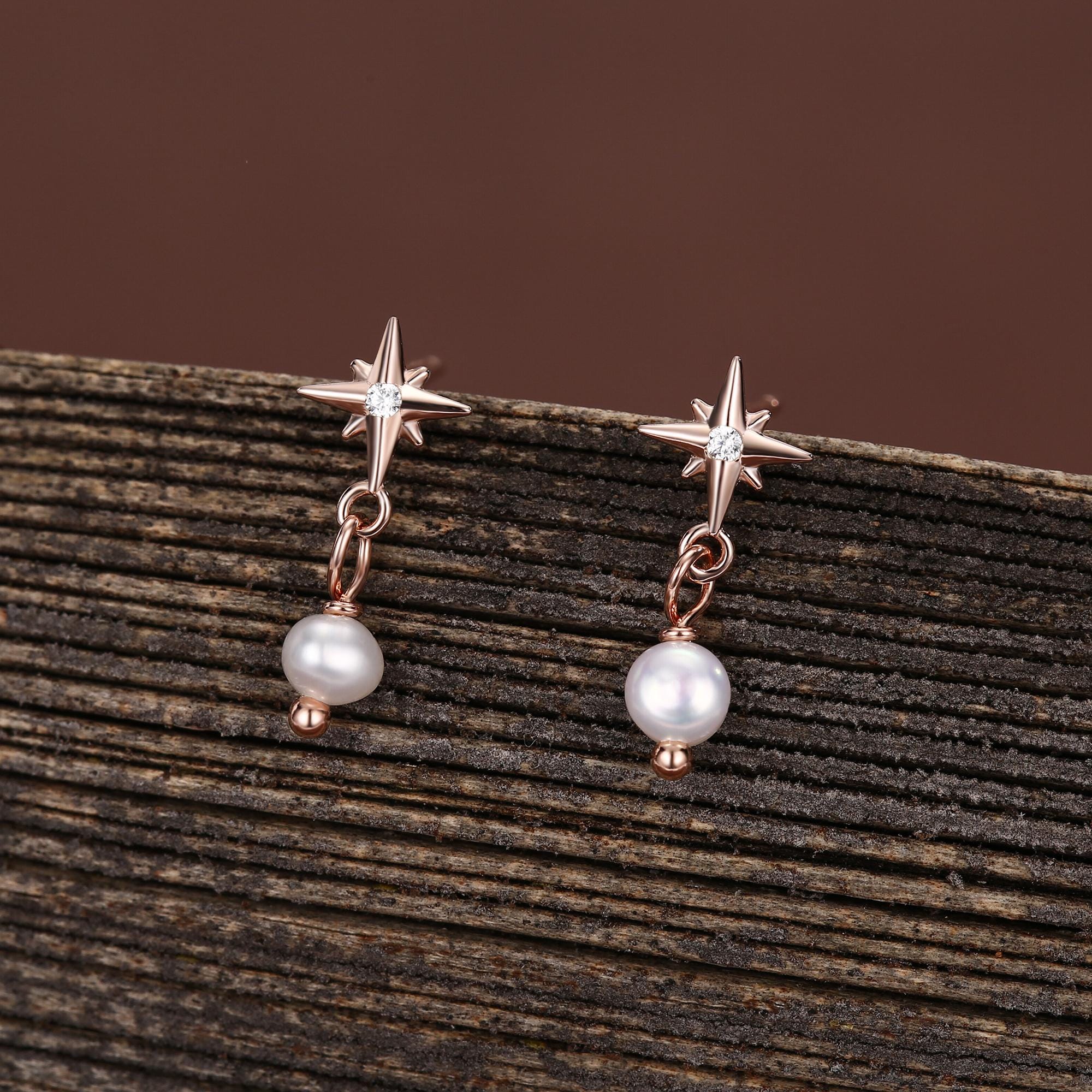 Starburst and Tiny Dangle Pearl Stud Earrings in Sterling Silver, Silver, Gold or Rose Gold, Star Earrings, Sunburst Earrings, Celestial - Image 5
